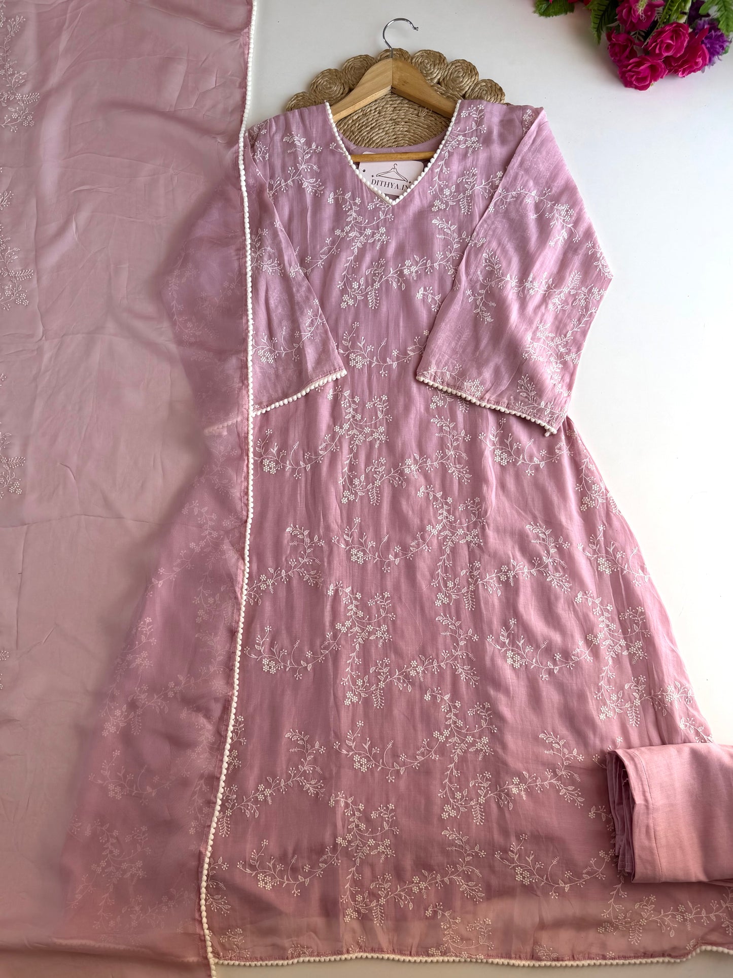 K464 - Mul chanderi embroidered Anarkali with pants and dupatta