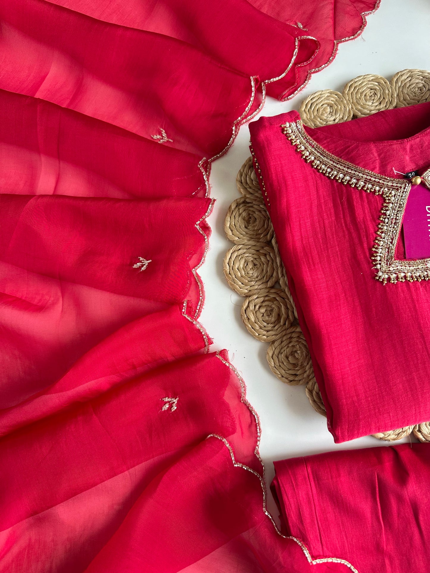 K228 - Mul Chanderi handwork Aline Kurti with pants and dupatta
