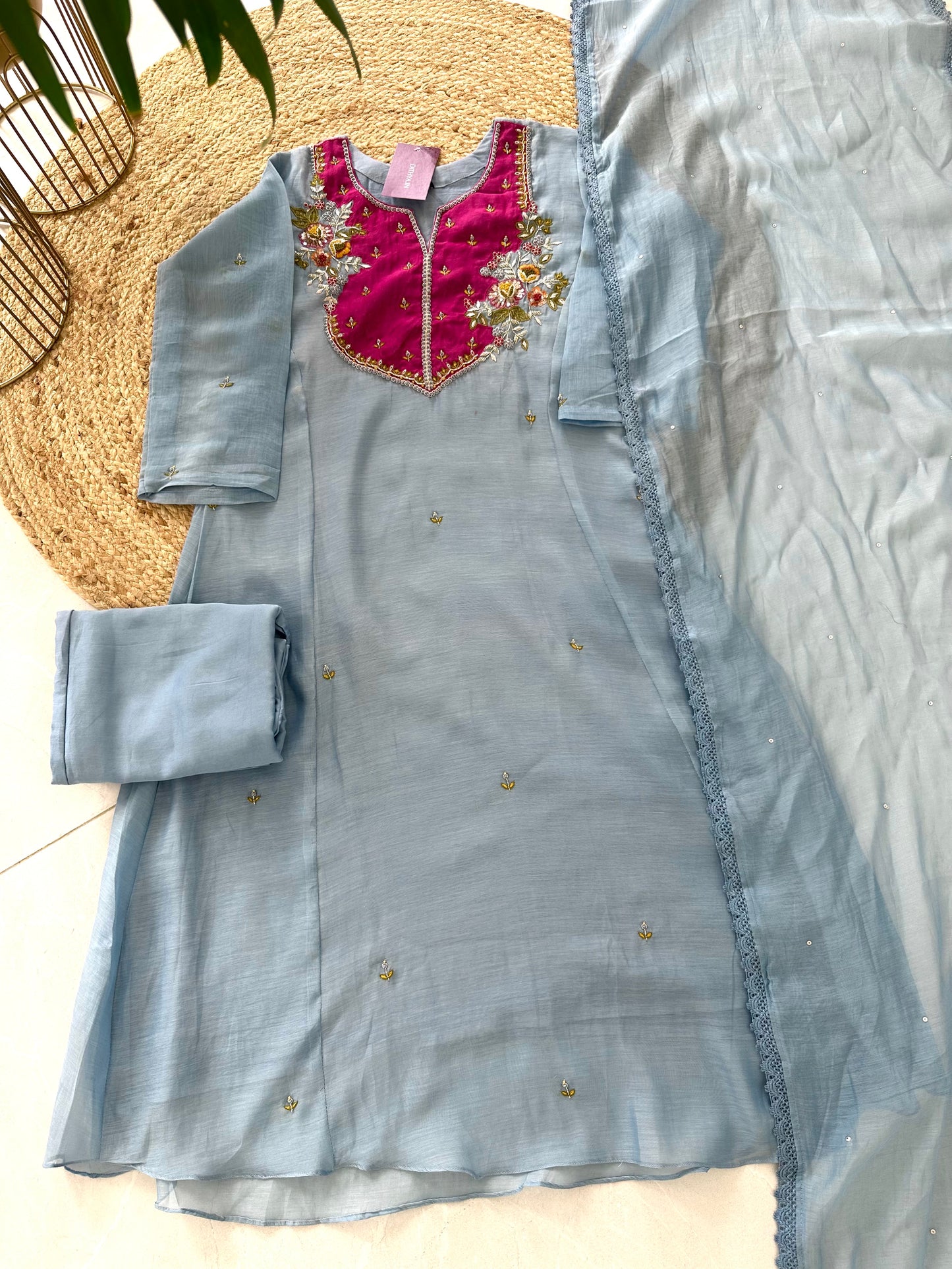 K123 - Mul Chanderi handwork Aline Kurti with pants and dupatta .