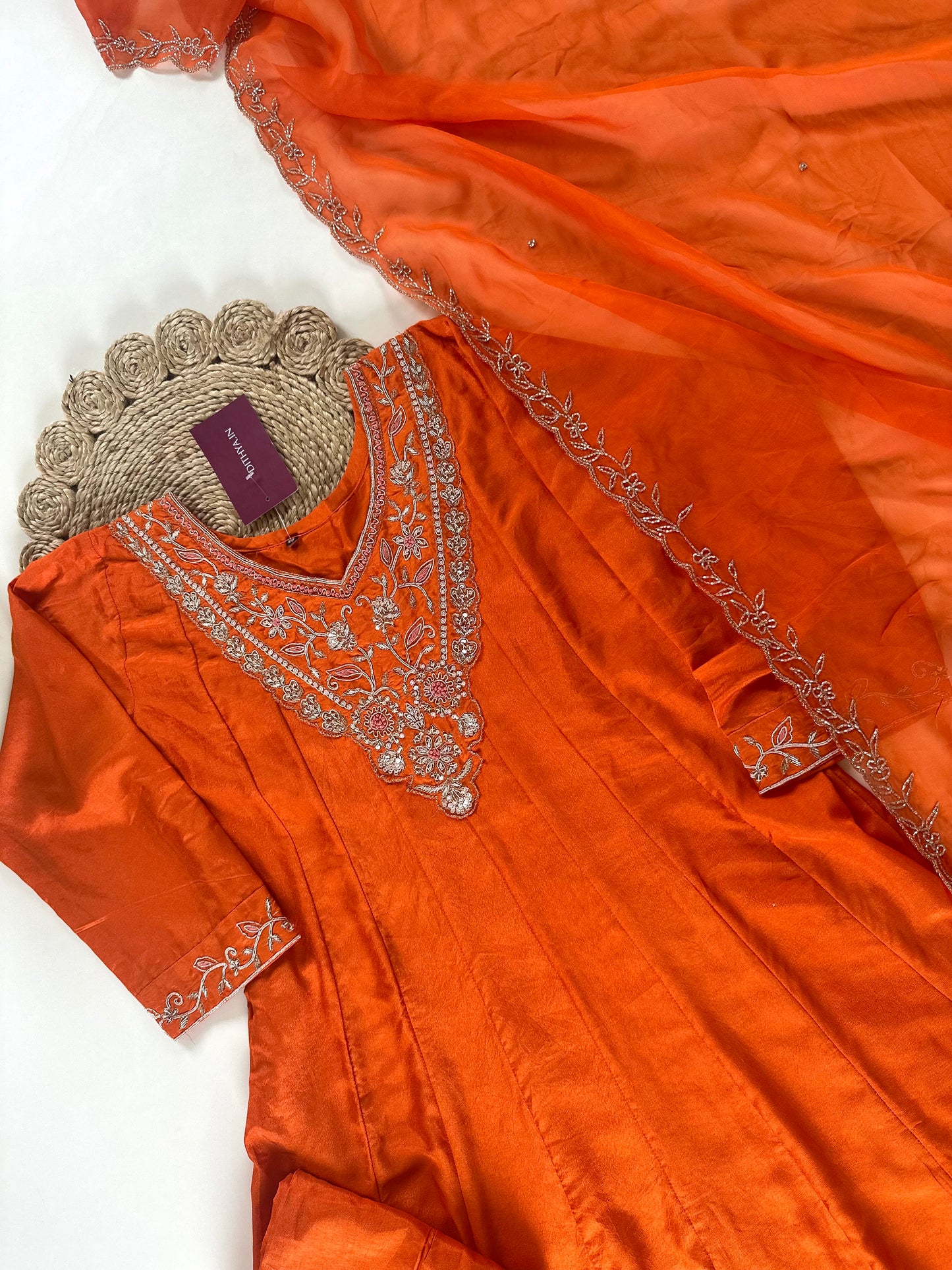 K284 - Russian silk Anarkali handwork with straight pants and dupatta .