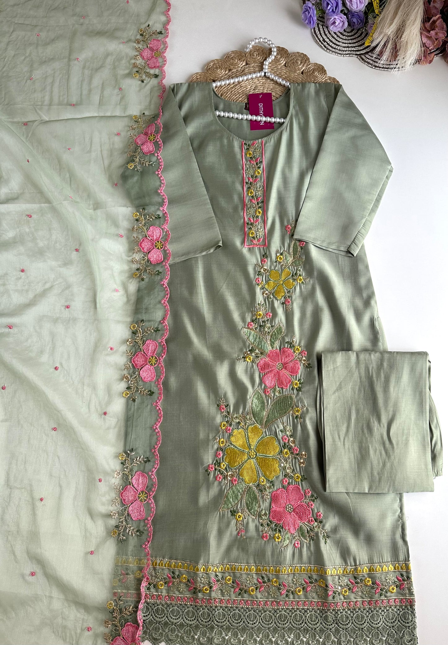K147 - Roman silk embroidered straight Kurti with pants and dupatta