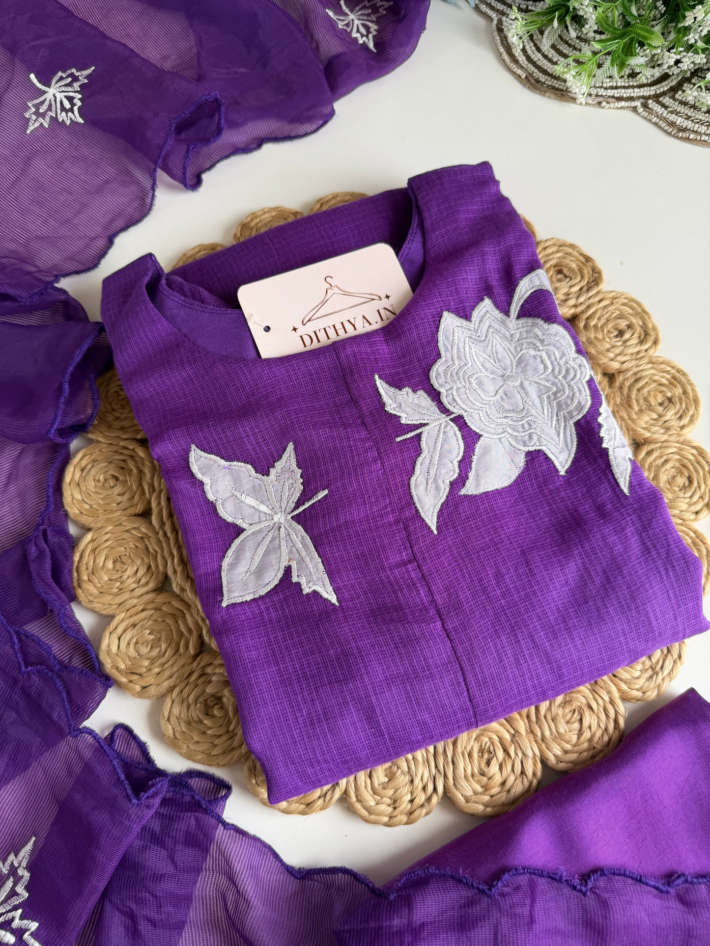 K582 - Kota doriya appliqué work Aline Kurti with pants and dupatta