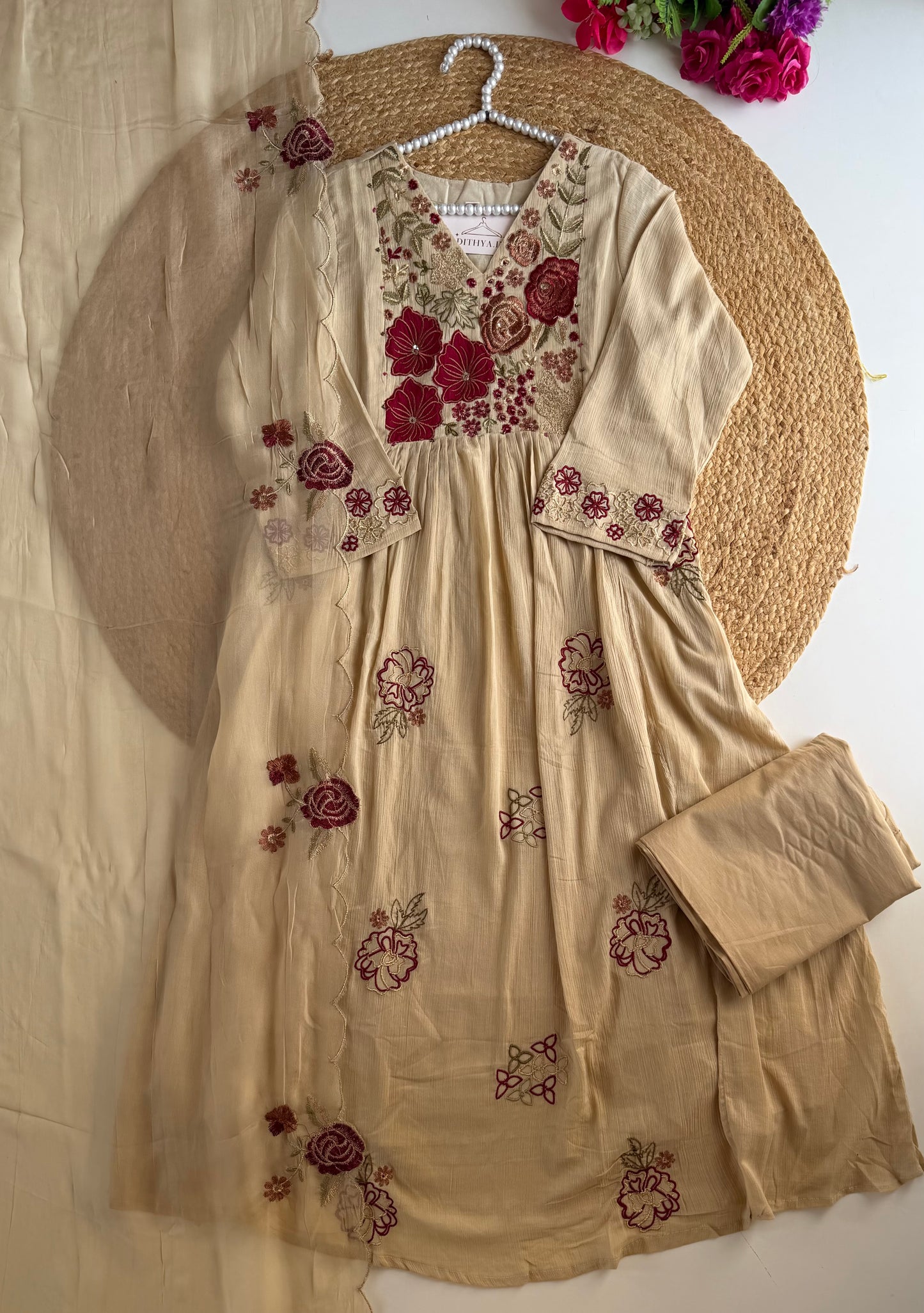 K445 - Crushed cotton embroidered Anarkali with pants and dupatta