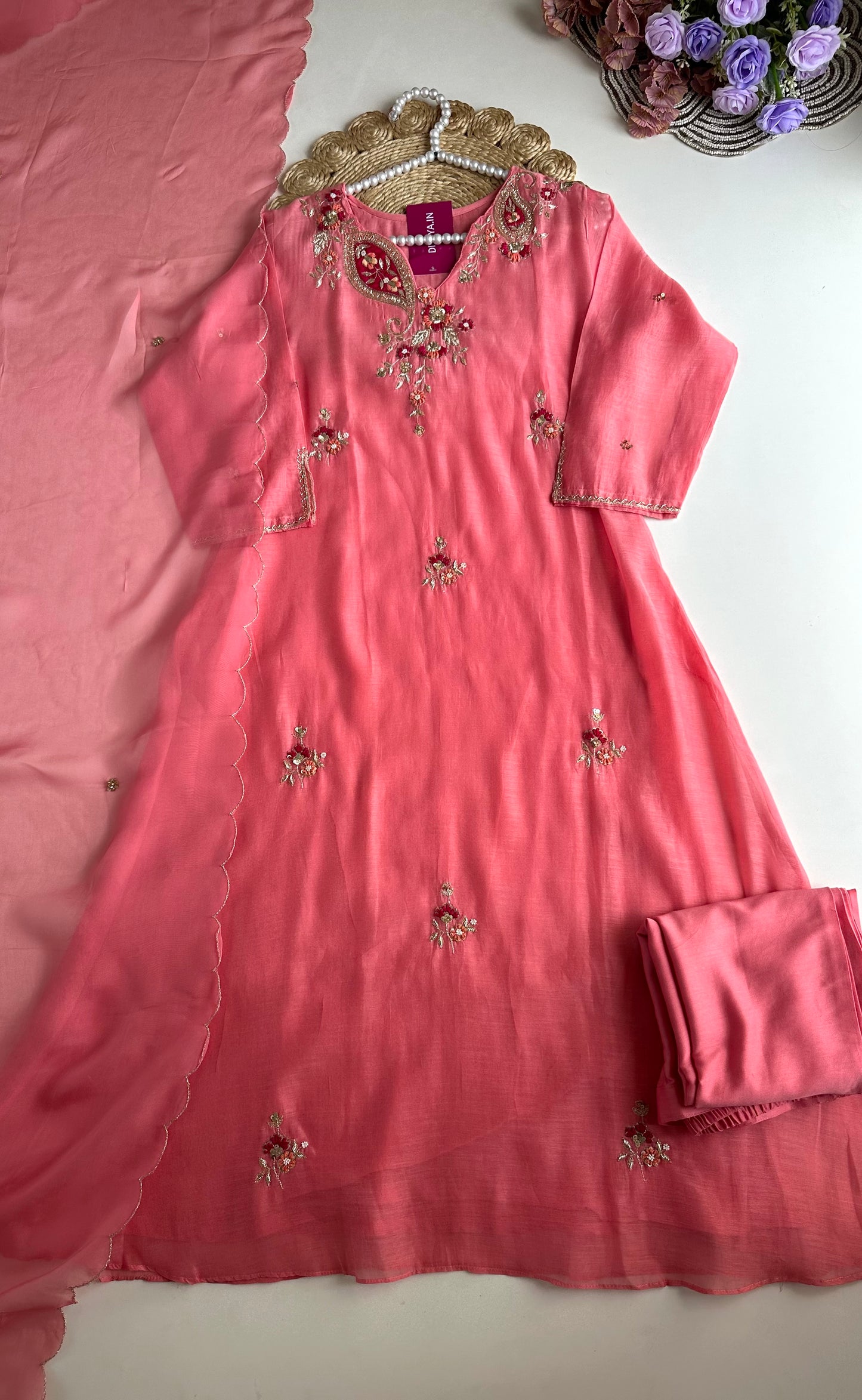 K005 - Mul Chanderi Handwork Aline Kurti with pants and dupatta in 2 colours