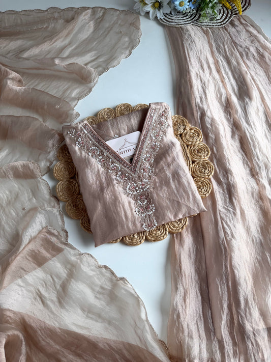 K631 - Glass Tissue handwork short Kurti with palazzo and dupatta