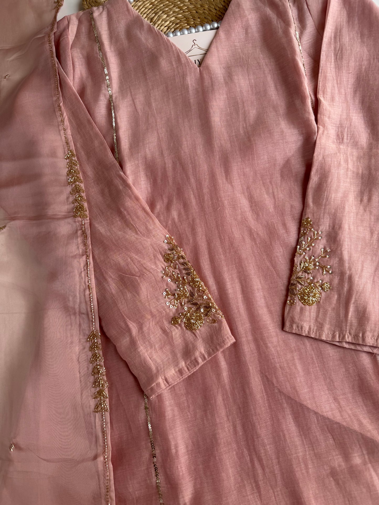 K564 - Mul chanderi handwork aline Kurti with pants and dupatta