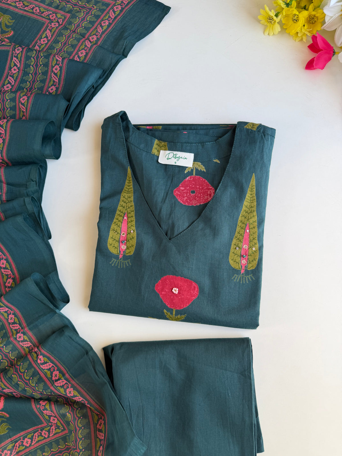 K368 - Mul cotton embroidered straight Kurti with pants and dupatta