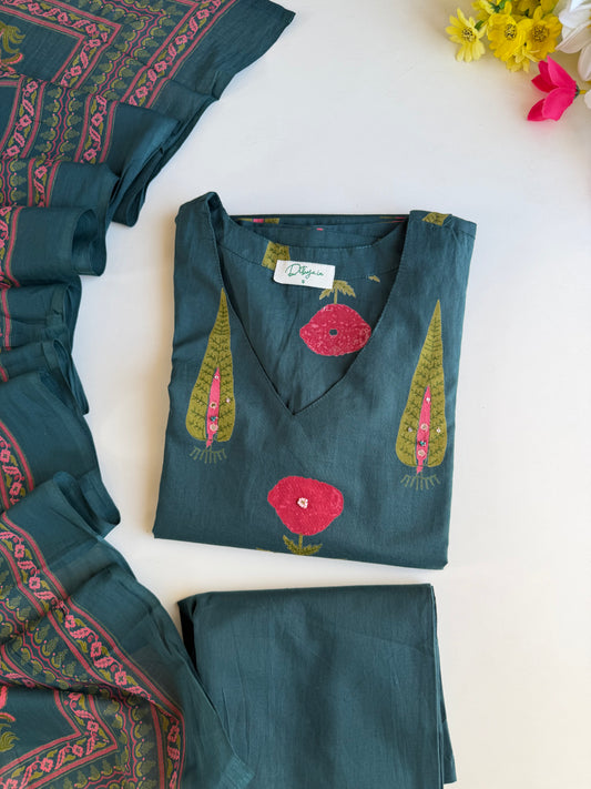 K368 - Mul cotton embroidered straight Kurti with pants and dupatta