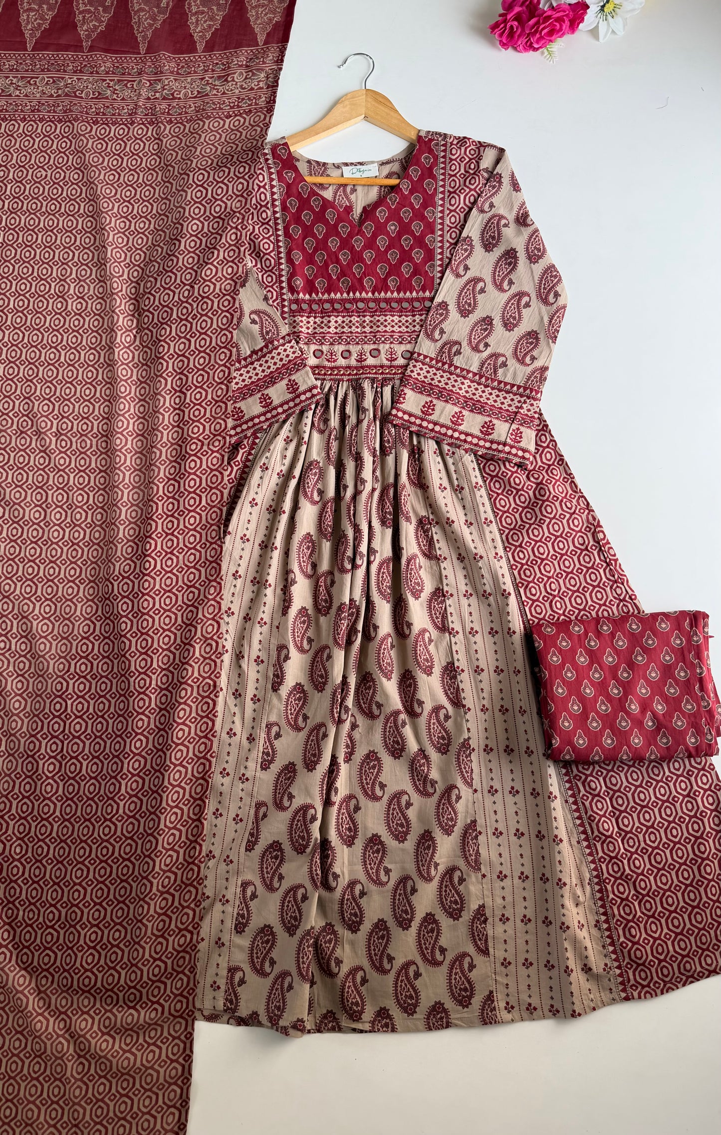 K172 - Mul cotton mirror embroidered Anarkali with pants and dupatta