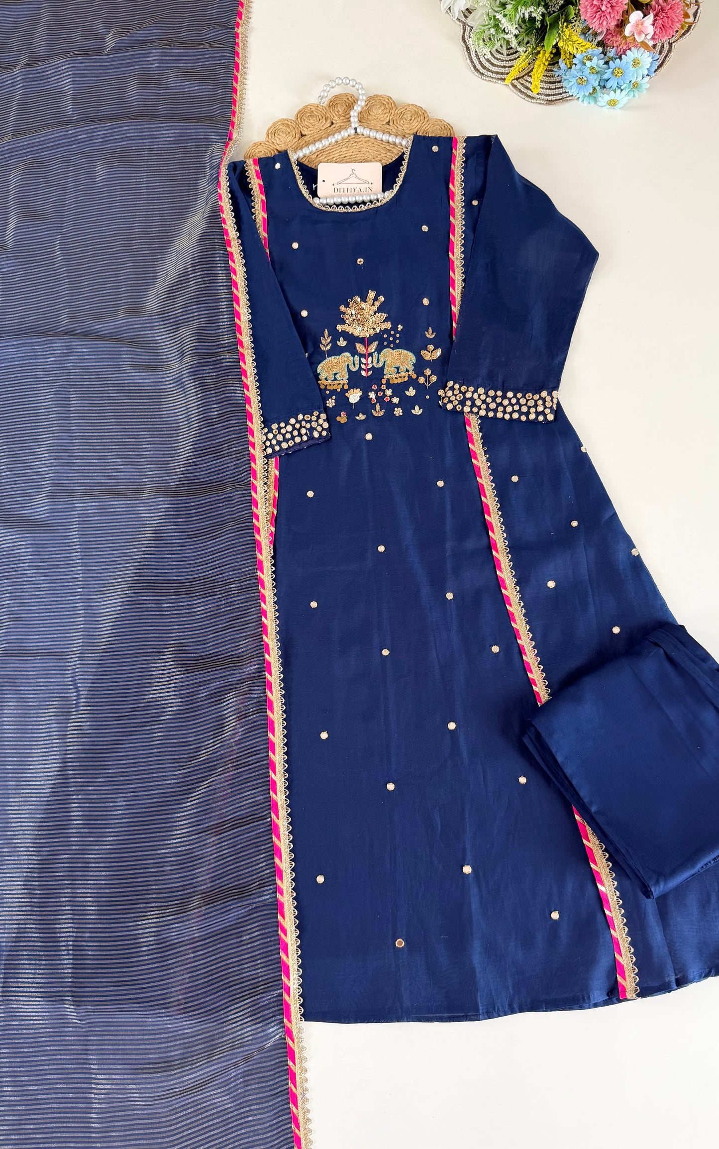 K118 - Mul chanderi handwork aline Kurti with pants and dupatta