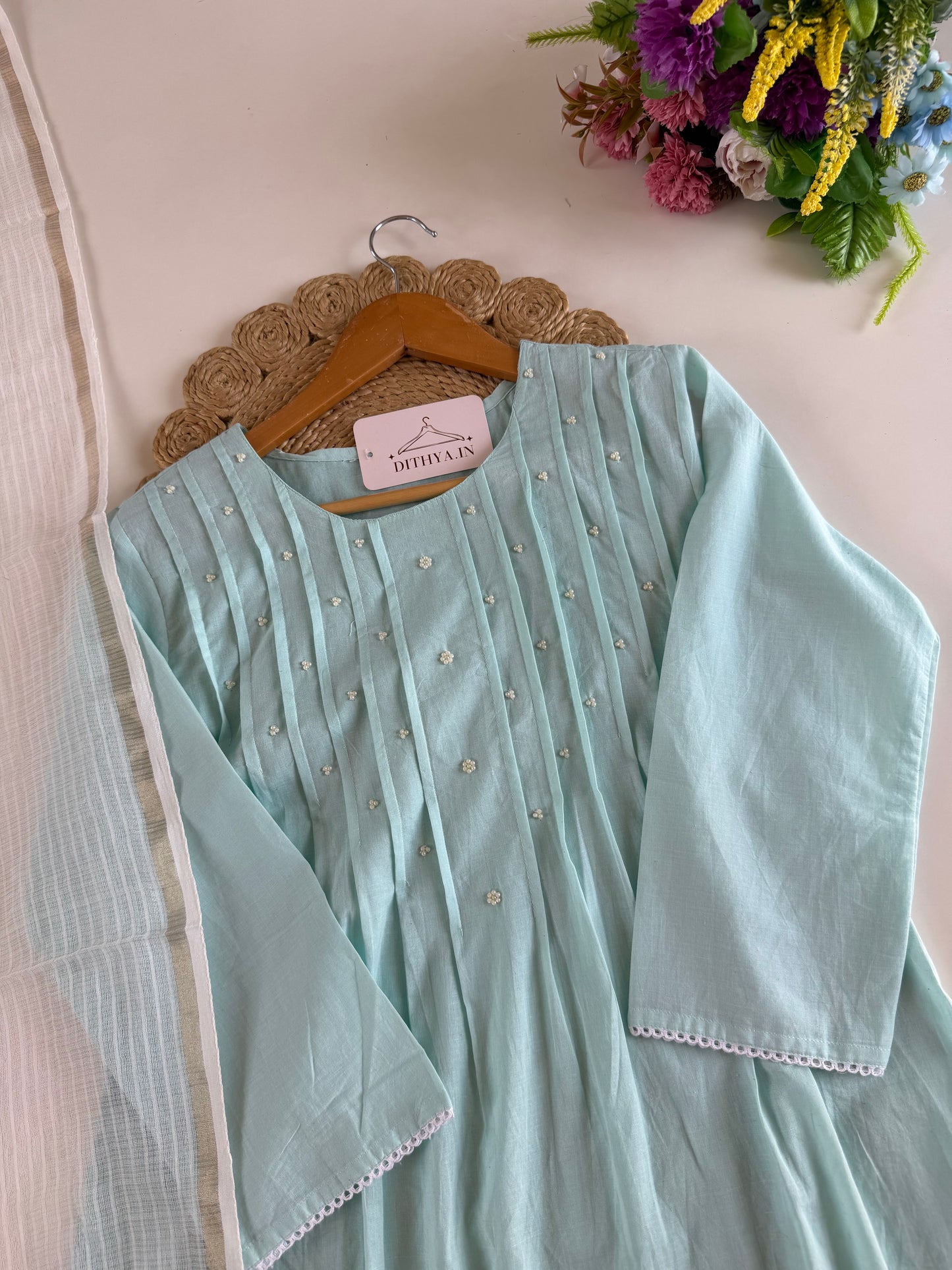 K399 - Mul cotton embroidered Aline Kurti with pants and dupatta