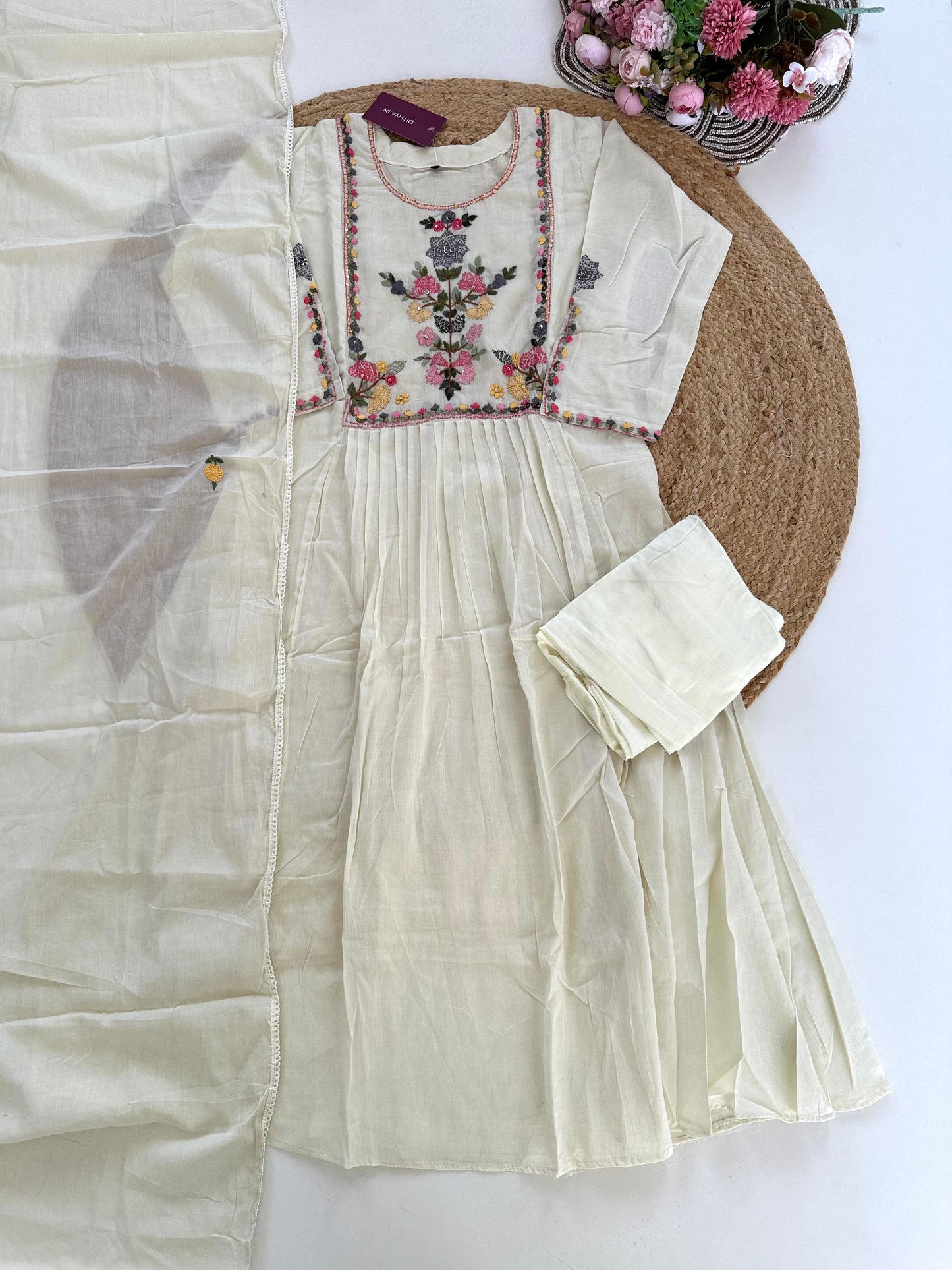 K157 - Mul cotton embroidered Anarkali with pants and dupatta in 2 colours