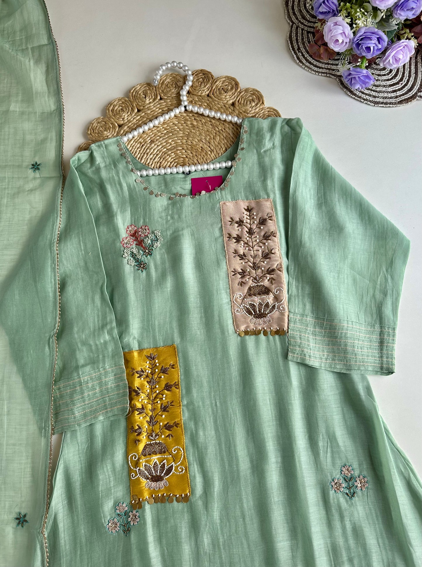 K121 - Mul Chanderi handwork Aline Kurti with pants and dupatta