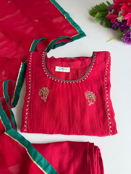 K050 - Mul chanderi handwork aline Kurti with pants and dupatta
