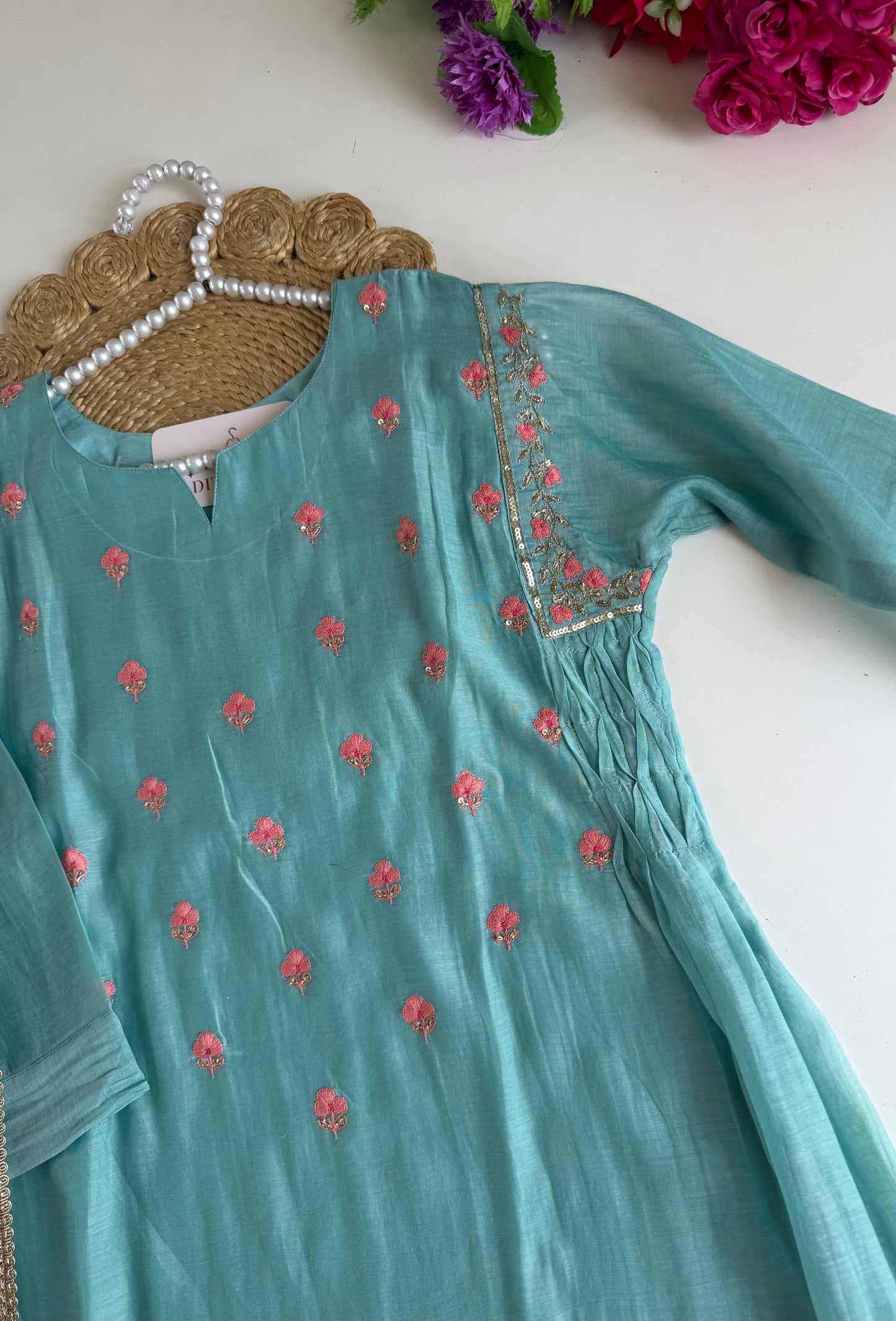 K644 - Mul chanderi handwork Anarkali with pants and dupatta