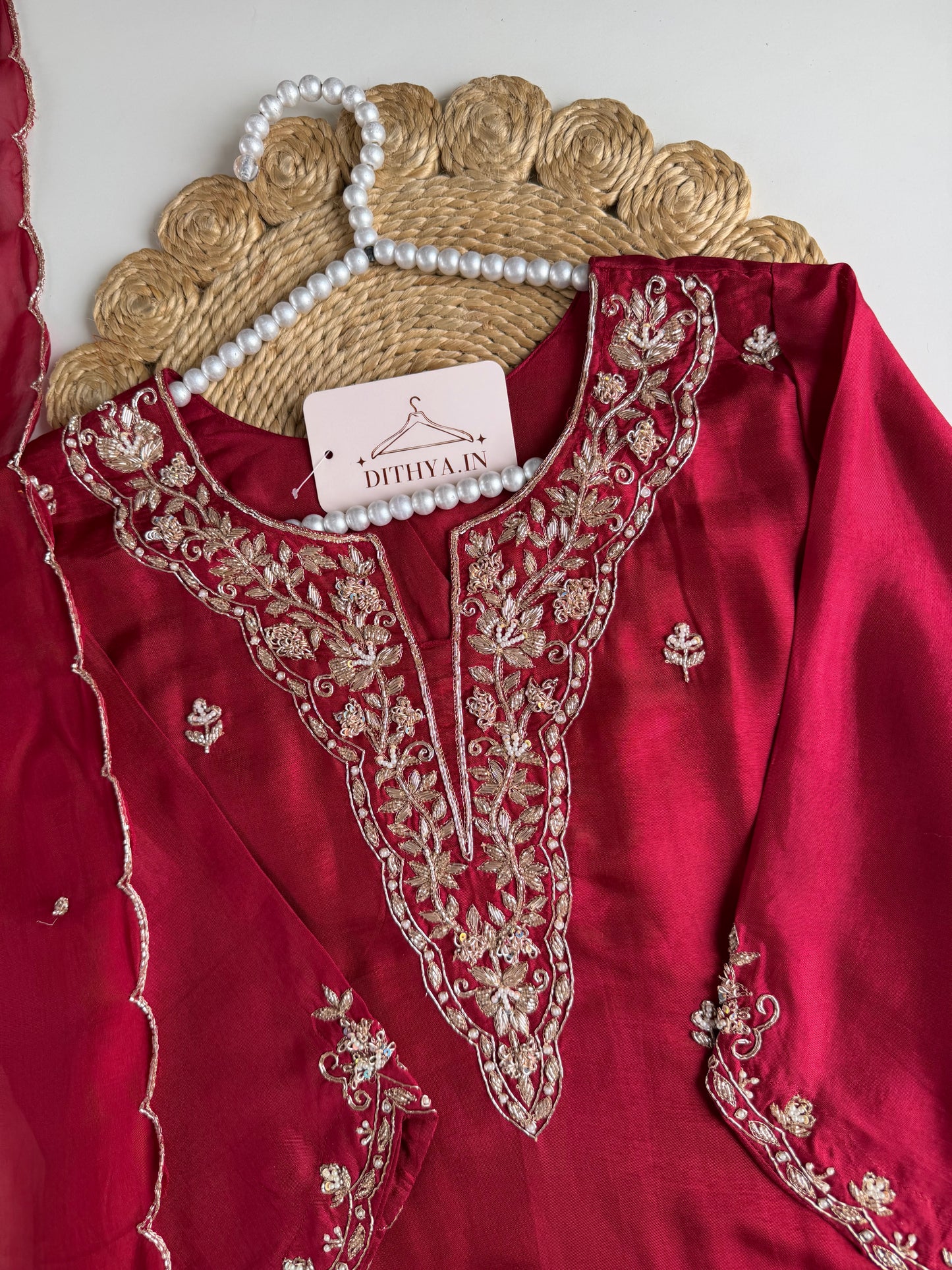 K206 - Russian silk handwork aline Kurti with pants and dupatta