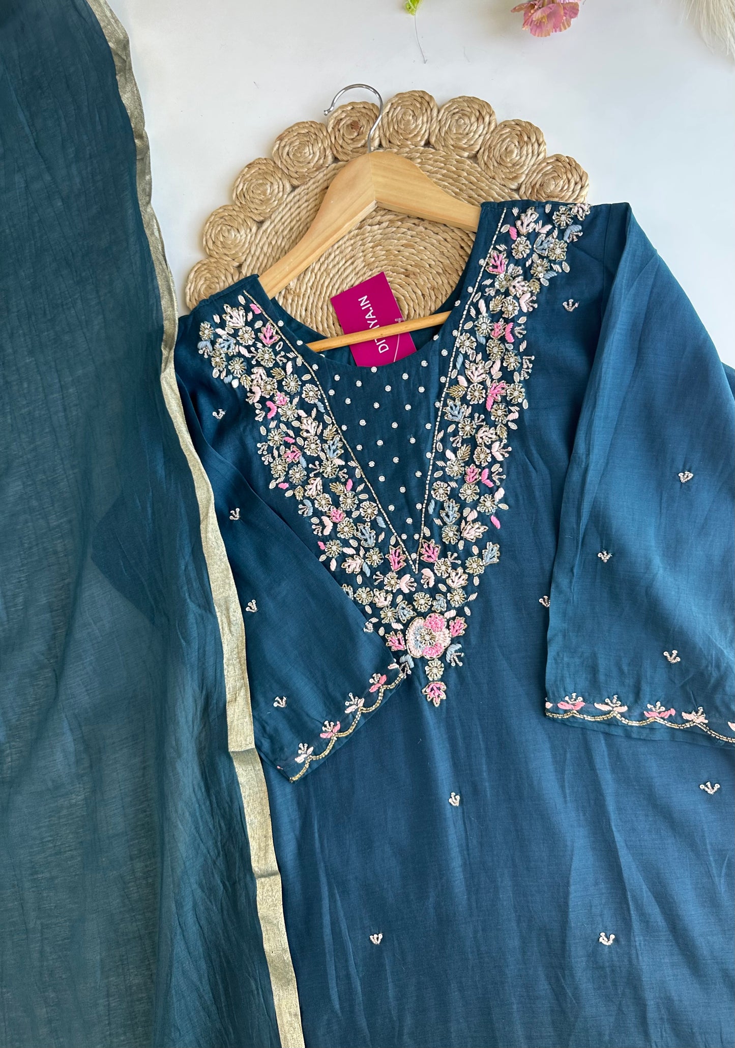 K021 - Mul Chanderi handwork Aline Kurti with pants and dupatta