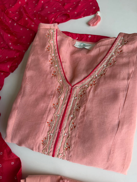 K020 - Surat Mul chanderi handwork Anarkali with pants and bandhini dupatta