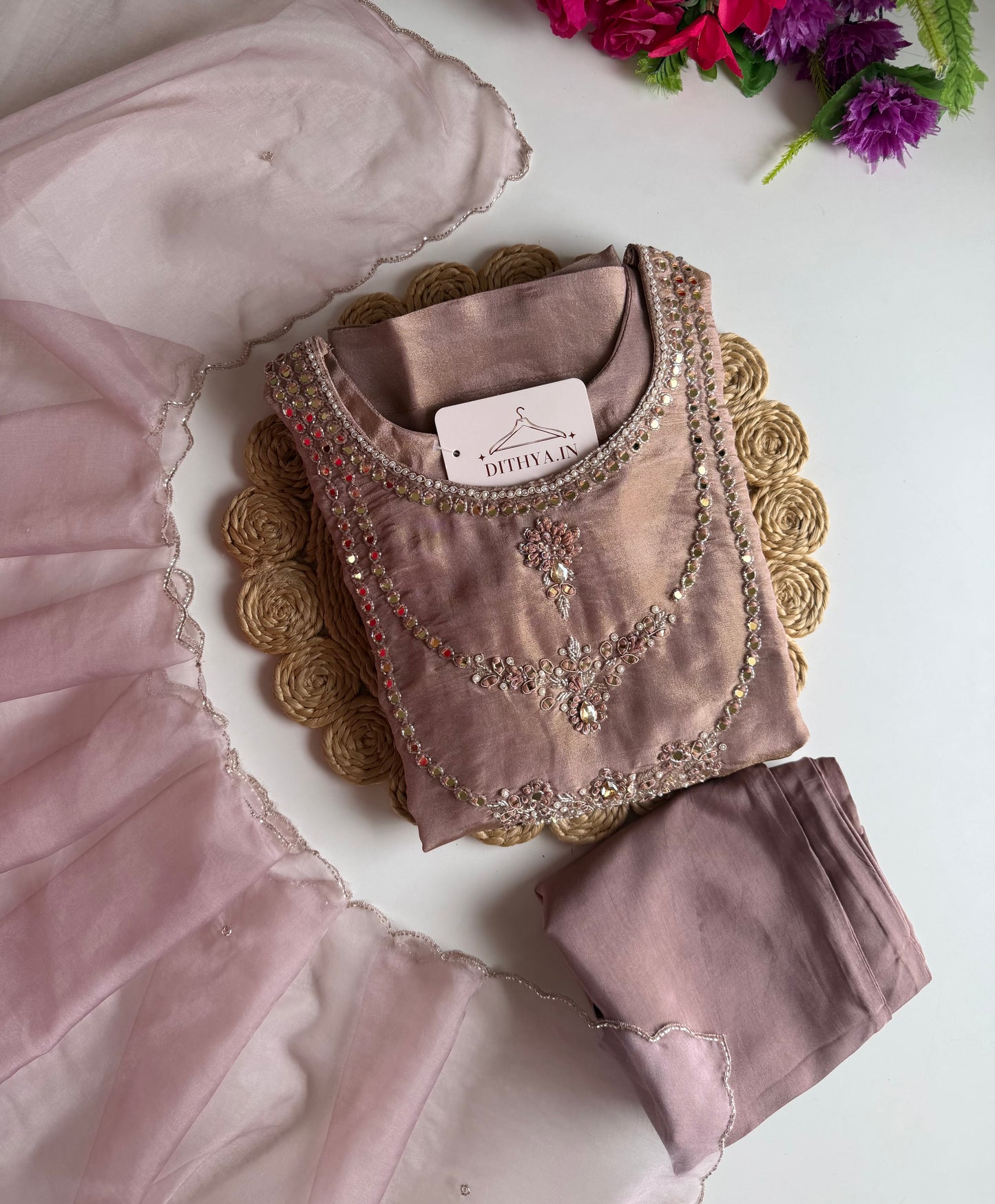 K722 - Tissue silk jewel work Anarkali with pants and dupatta