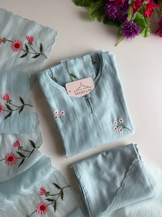 K629 - Mul chanderi 3D embroidered straight Kurti with pants and dupatta