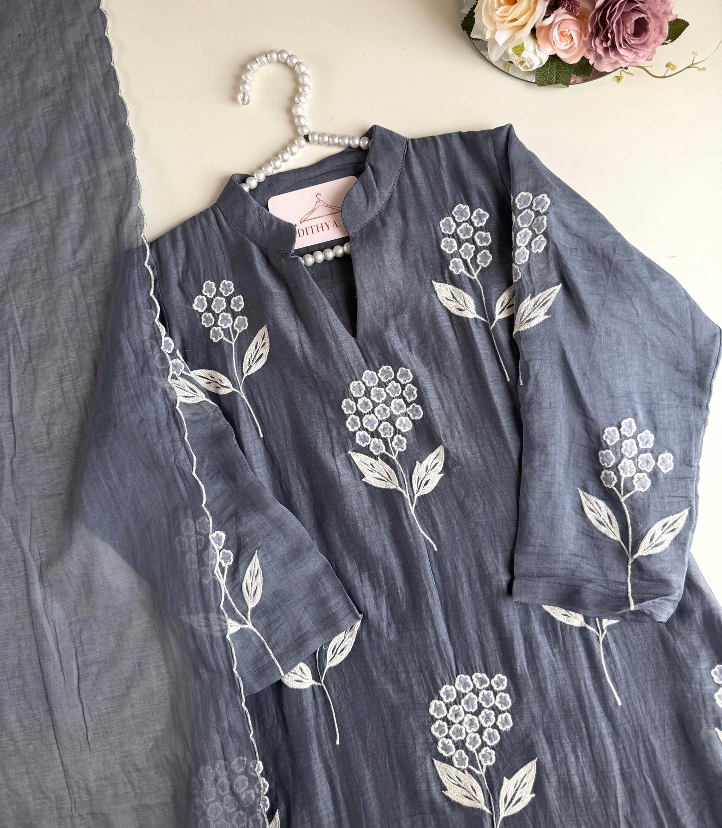 K336 - Mul chanderi appliqué embroidered Aline Kurti with pants and dupatta
