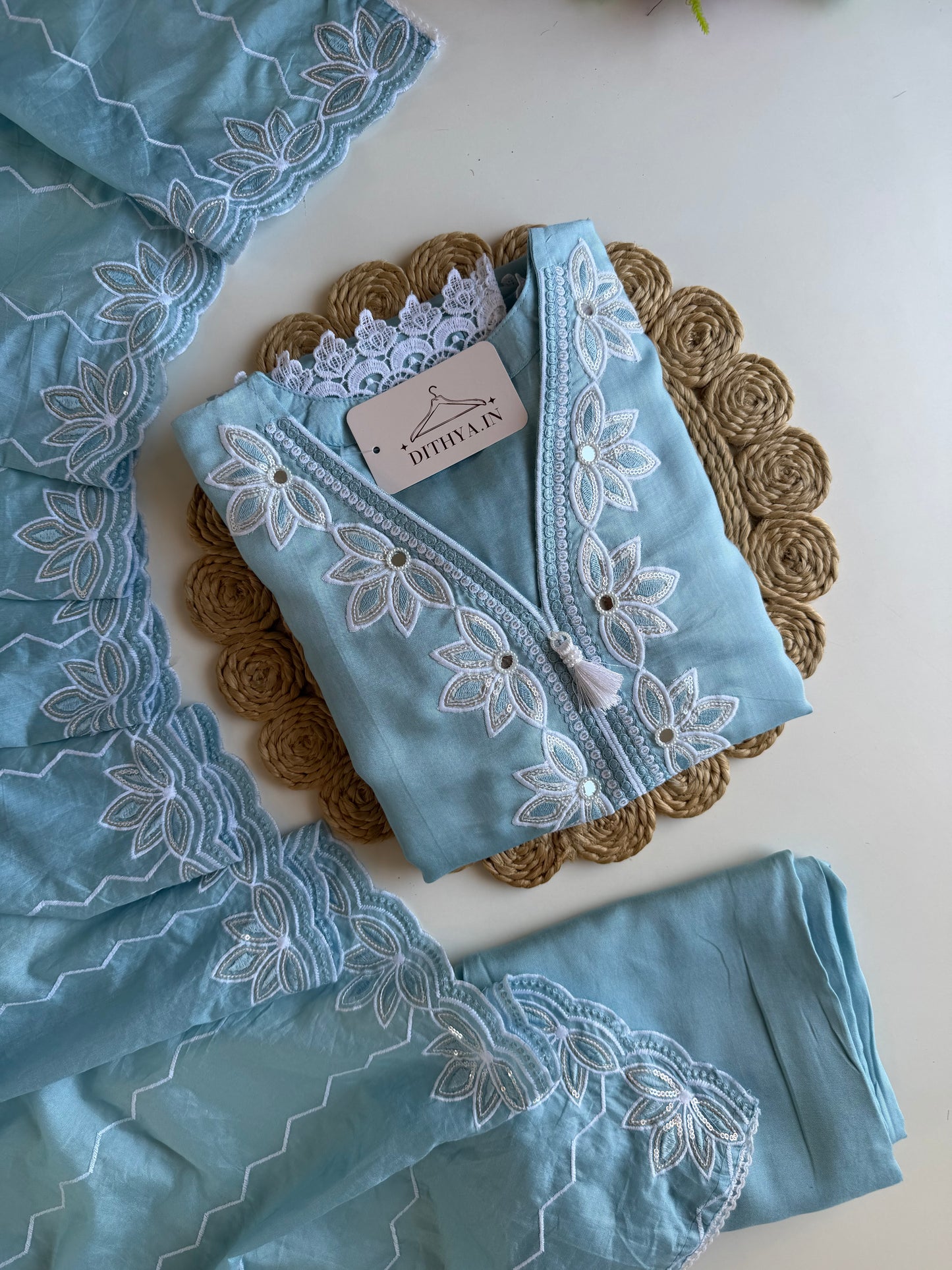 K377 - Muslin embroidered straight Kurti with pants and dupatta