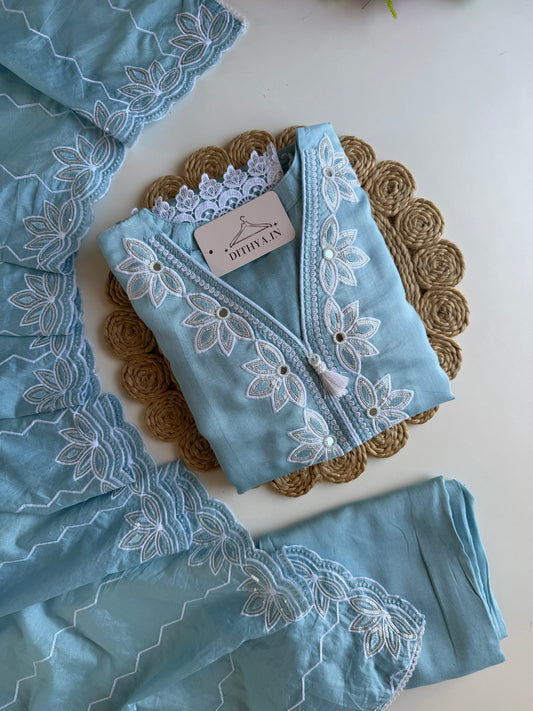 K377 - Muslin embroidered straight Kurti with pants and dupatta