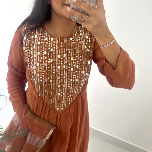 K078 - Pure mul Chanderi mirror work Anarkali with pants and dupatta