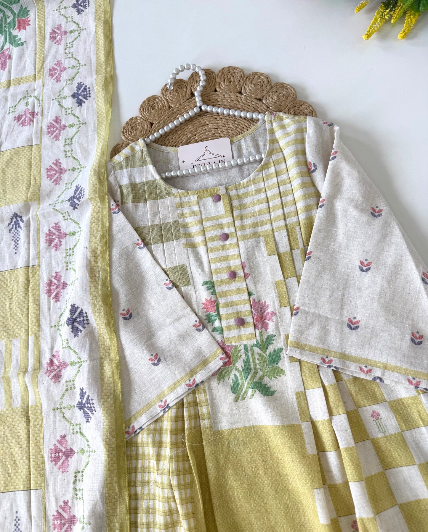 K664 - Mul cotton embroidered Aline Kurti with pants and dupatta