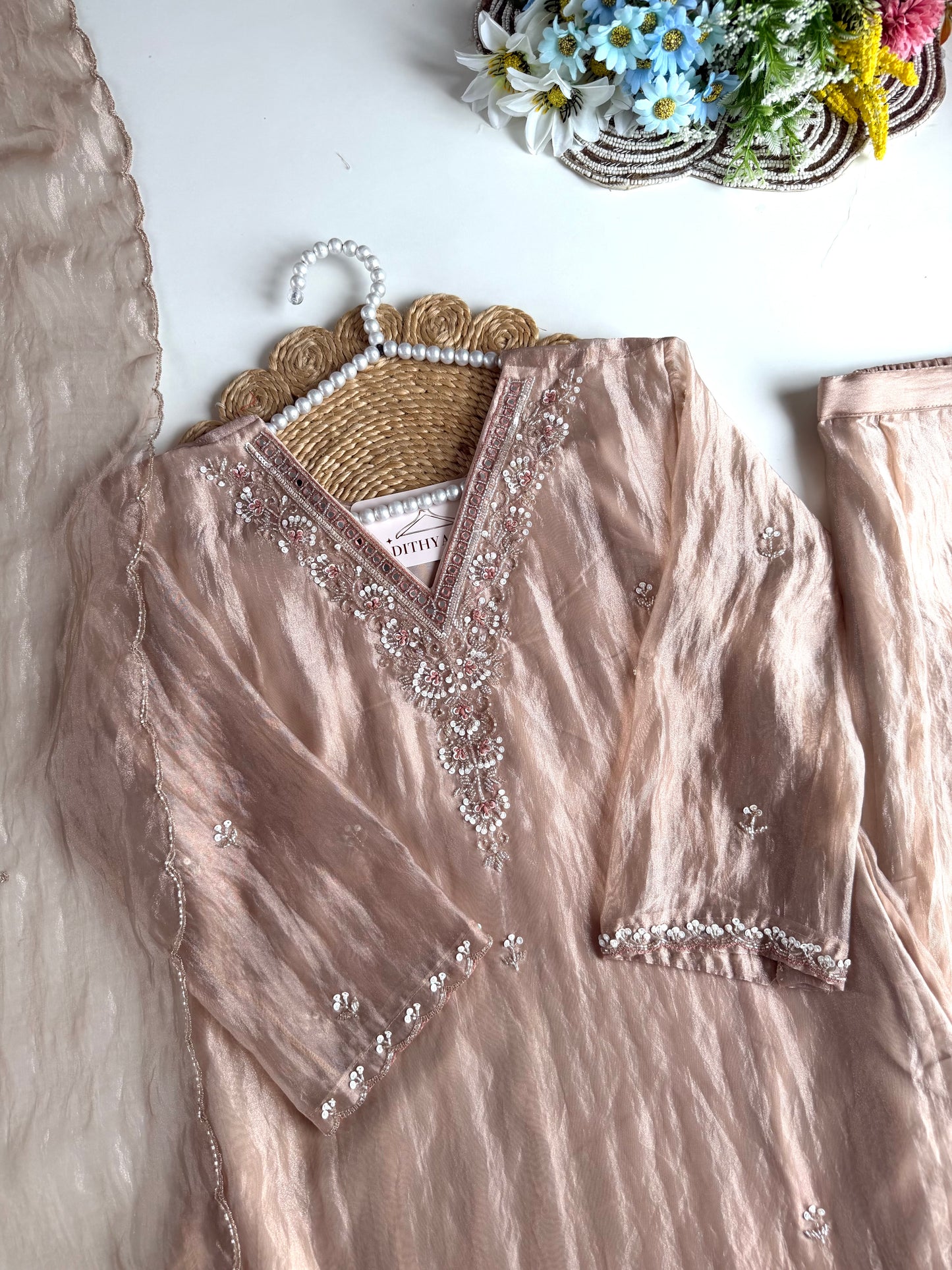 K631 - Glass Tissue handwork short Kurti with palazzo and dupatta