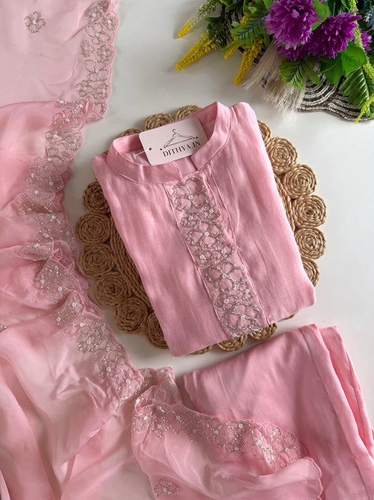 K283 - Mul chanderi handwork aline Kurti with pants and dupatta