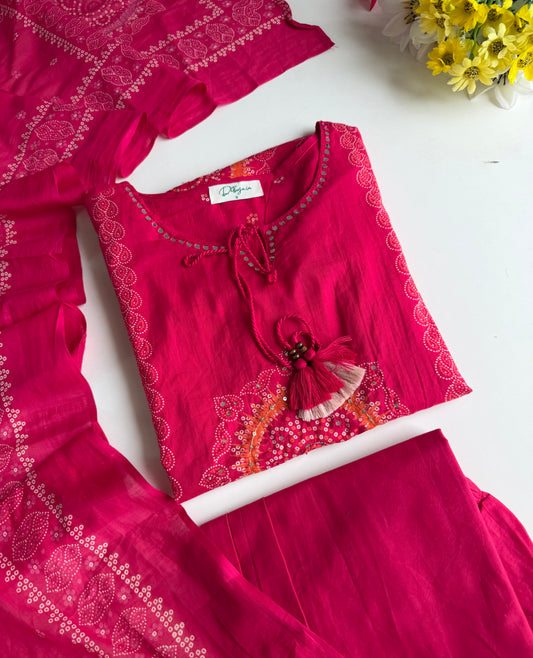 K097 - Mul cotton printed embroidered Aline Kurti with pants and dupatta