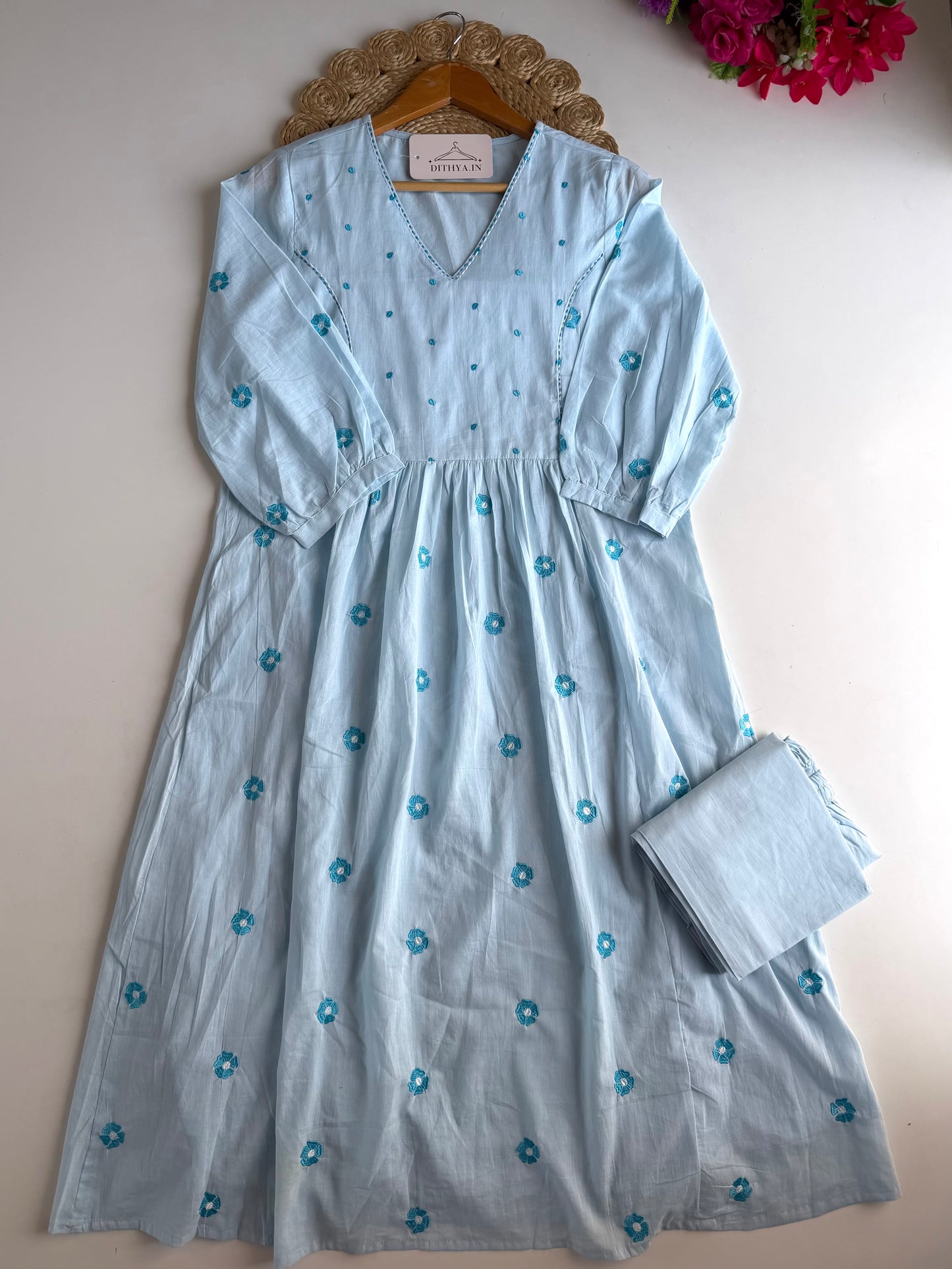 K714 - Mul cotton embroidered Aline Kurti with pants