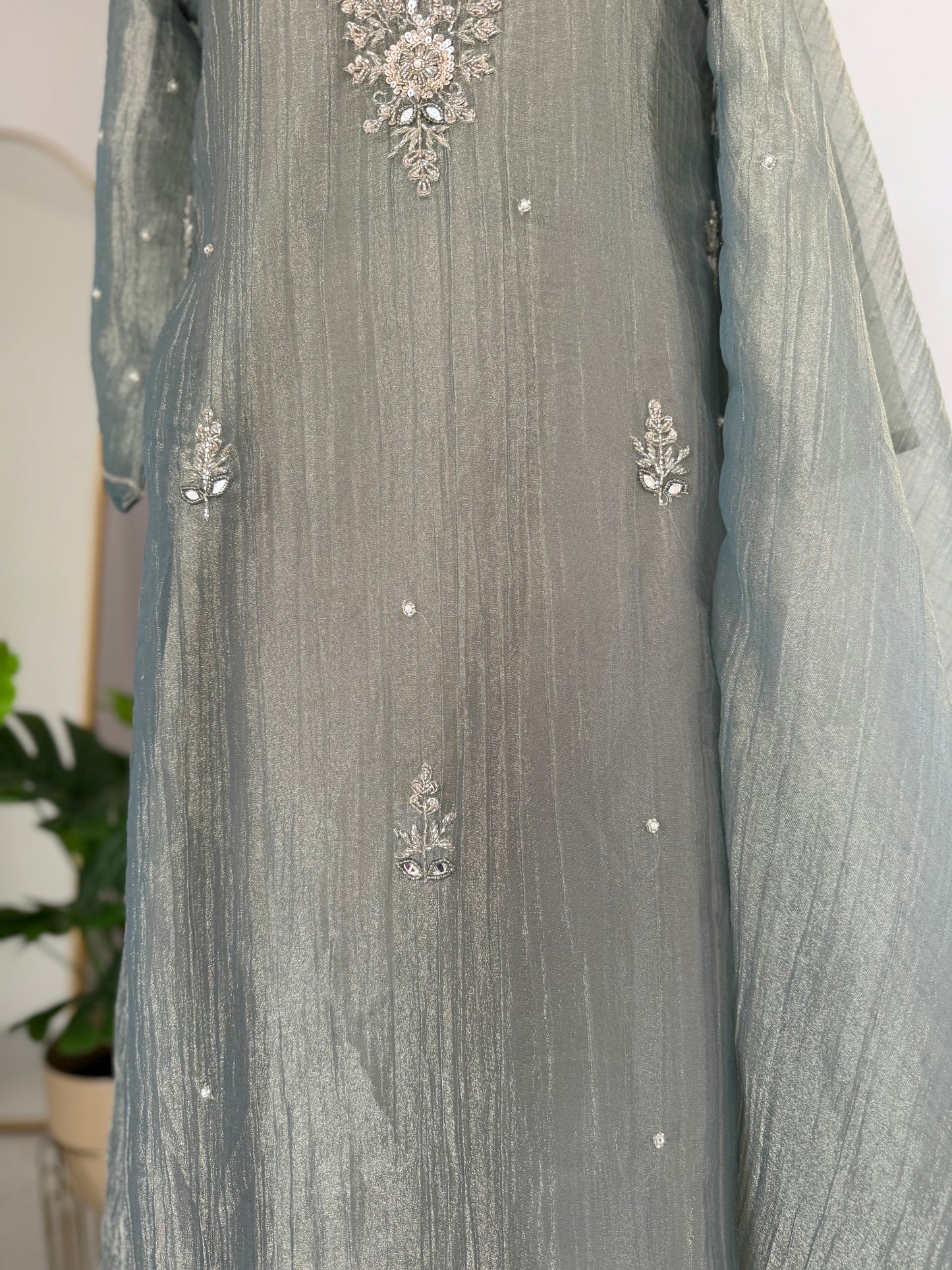 K712 - Glass crush tissue handwork Anarkali with pants and dupatta in 2 colours