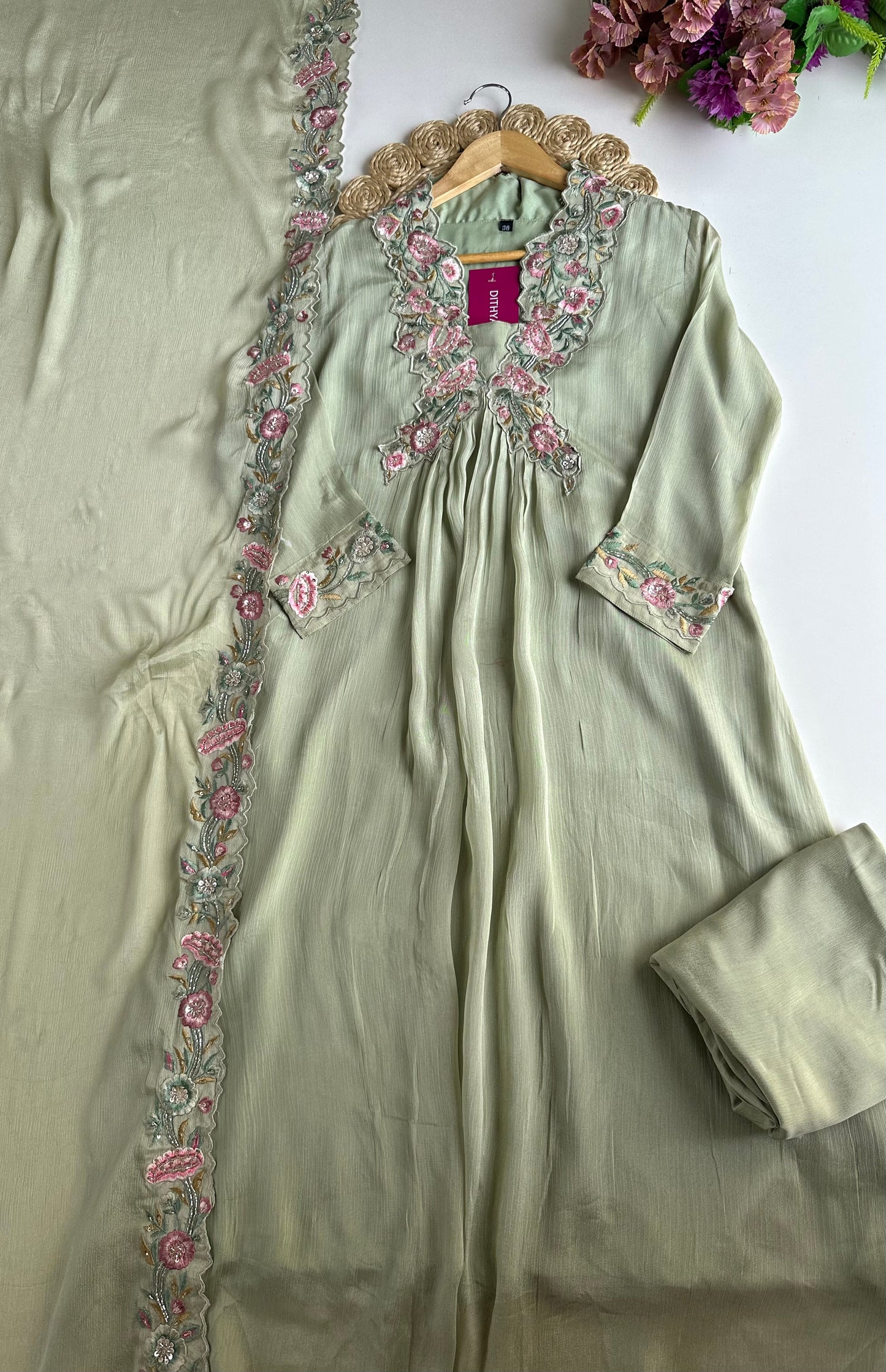 K177 - Chinnon Handwork Aline Kurti pant and dupatta