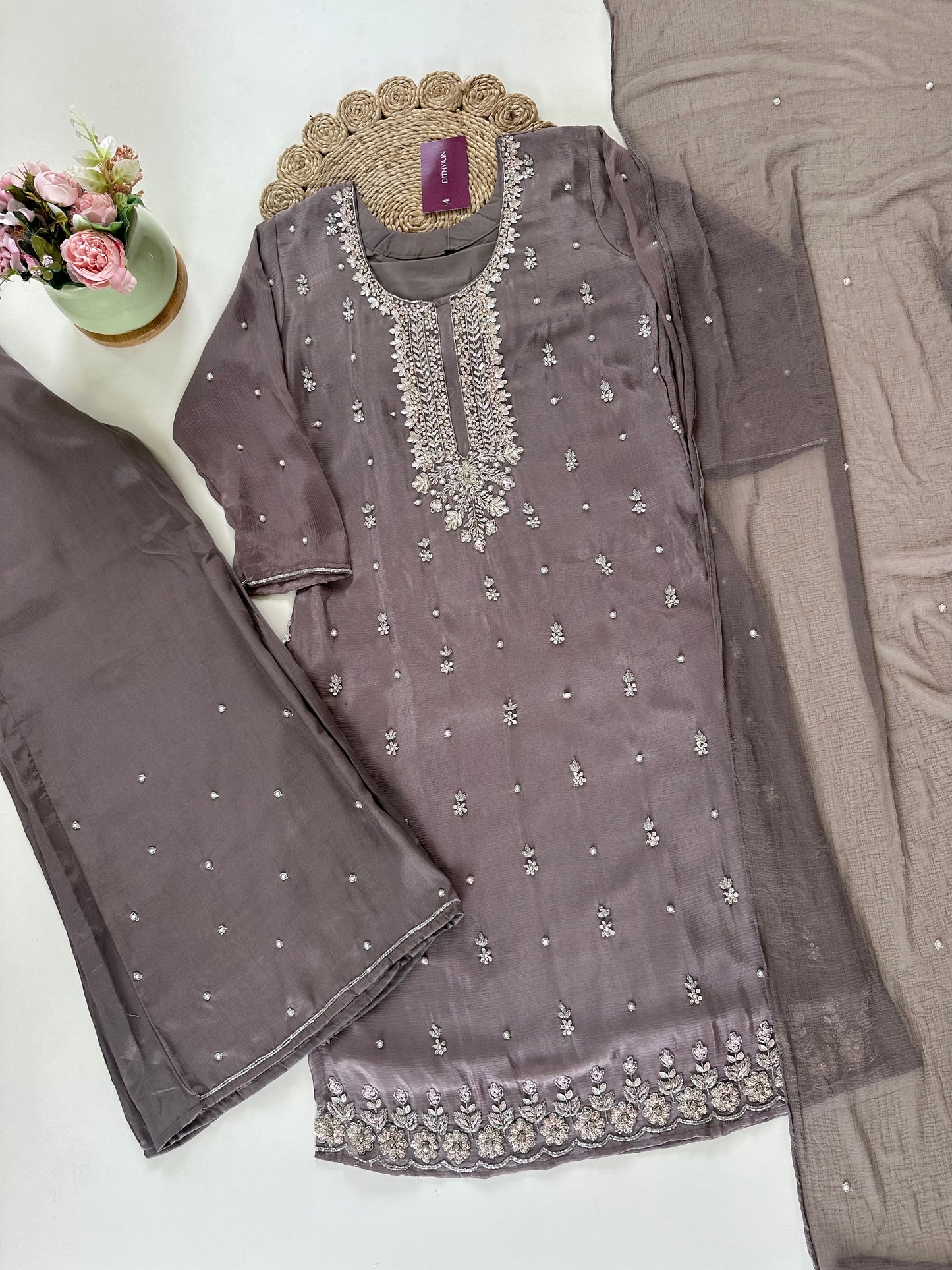 K190 - Heavy handwork Chinnon Straight short kurti with palazzo and dupatta .