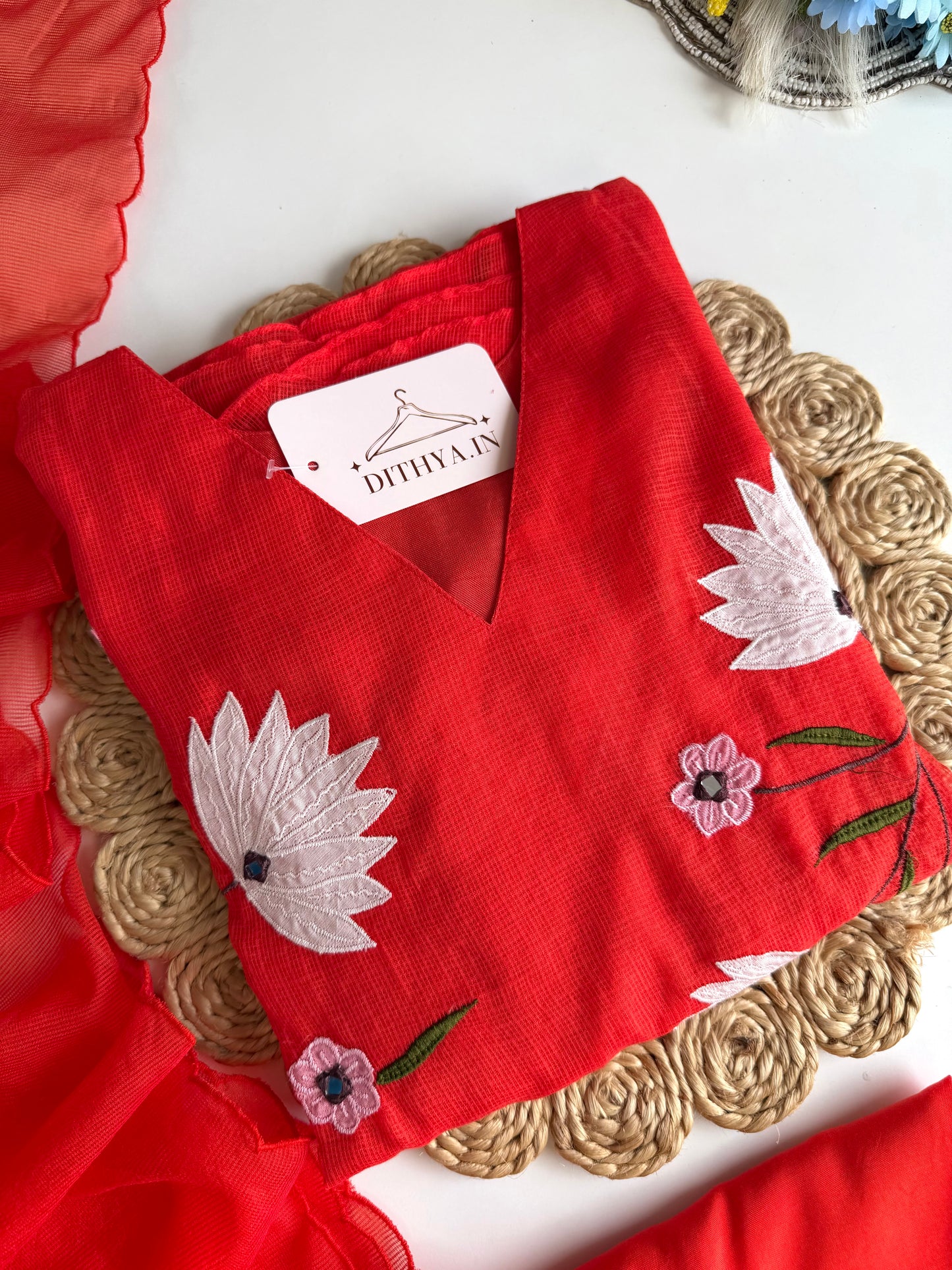 K295 - Kota doriya appliqué Aline Kurti with pants and dupatta