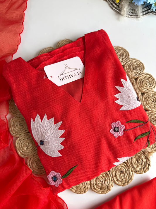 K295 - Kota doriya appliqué Aline Kurti with pants and dupatta