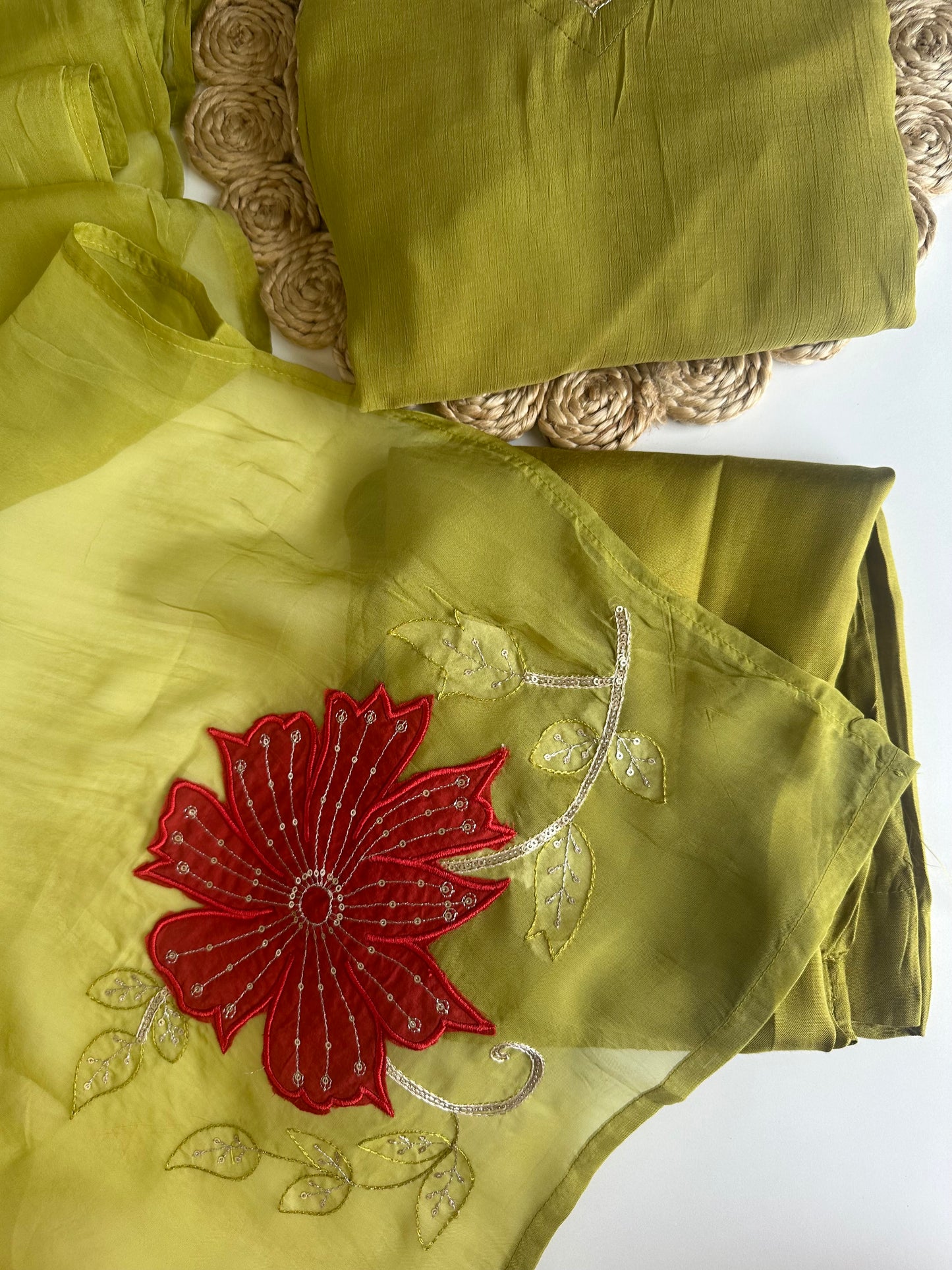 K468 - Crushed Mul Chanderi Appliqué work Anarkali with pants and dupatta in 2 colours