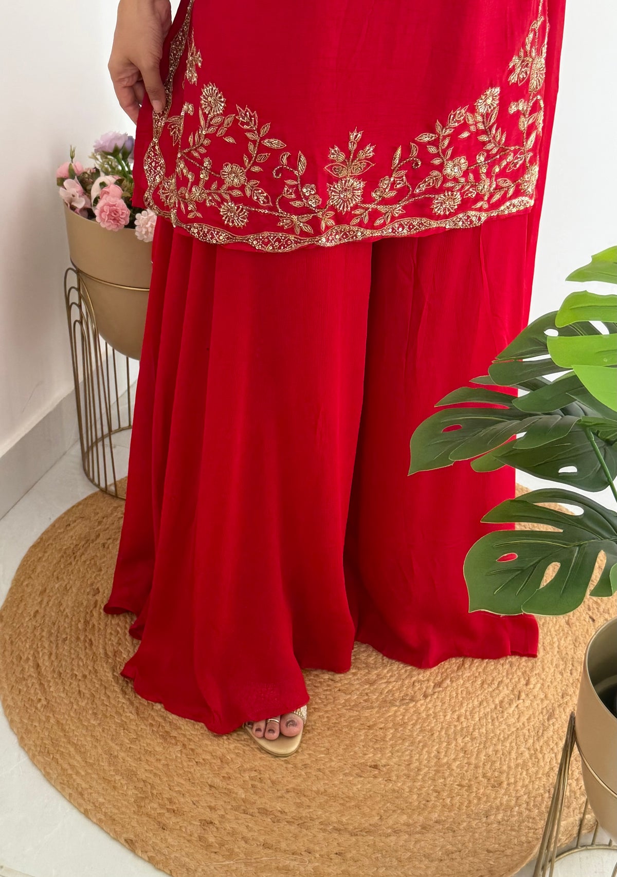 K195 - Russian silk handwork short Kurti with divider pants and dupatta