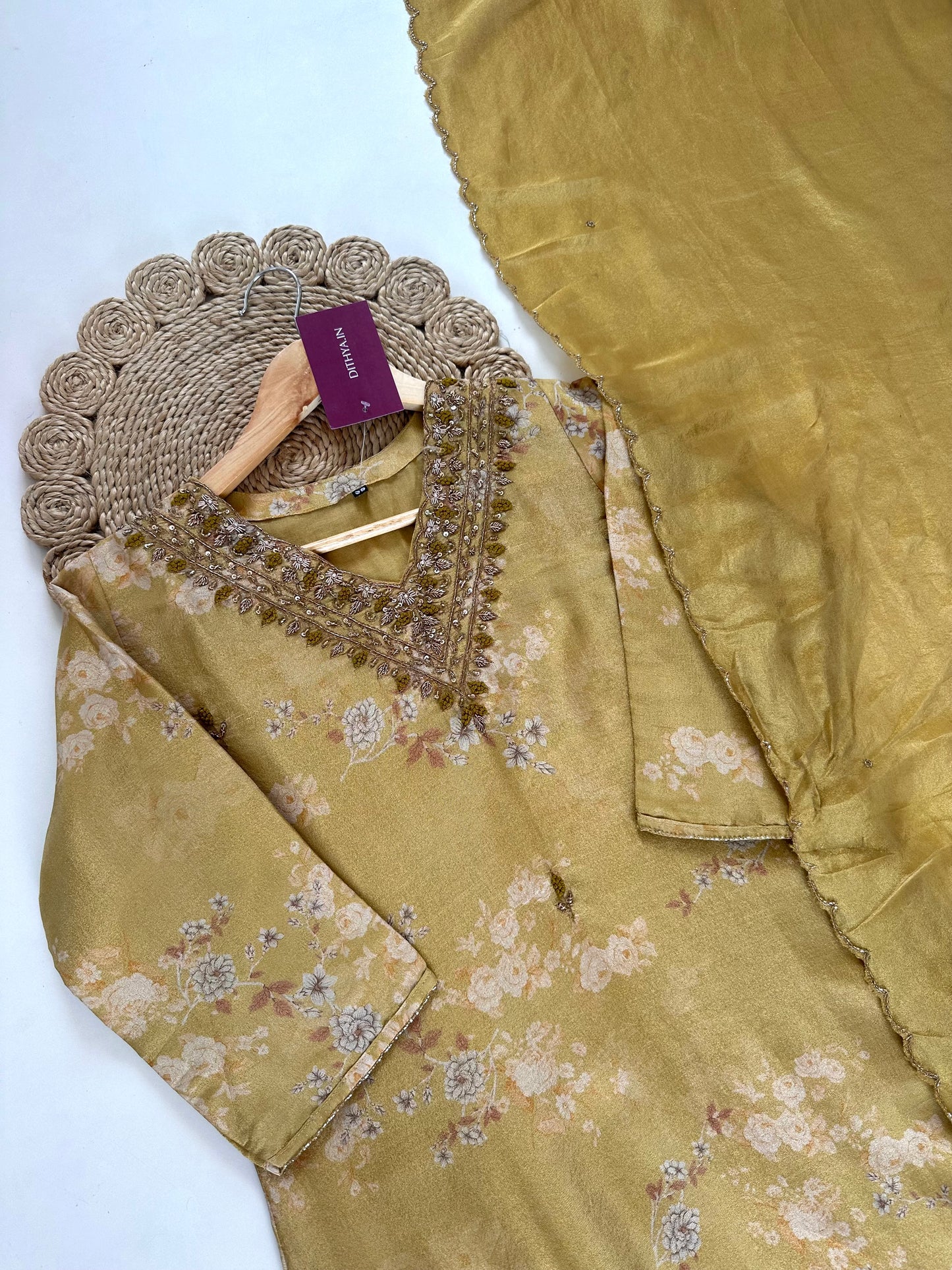 K267 - Tissue silk Handwork straight kurti with pants and dupatta .