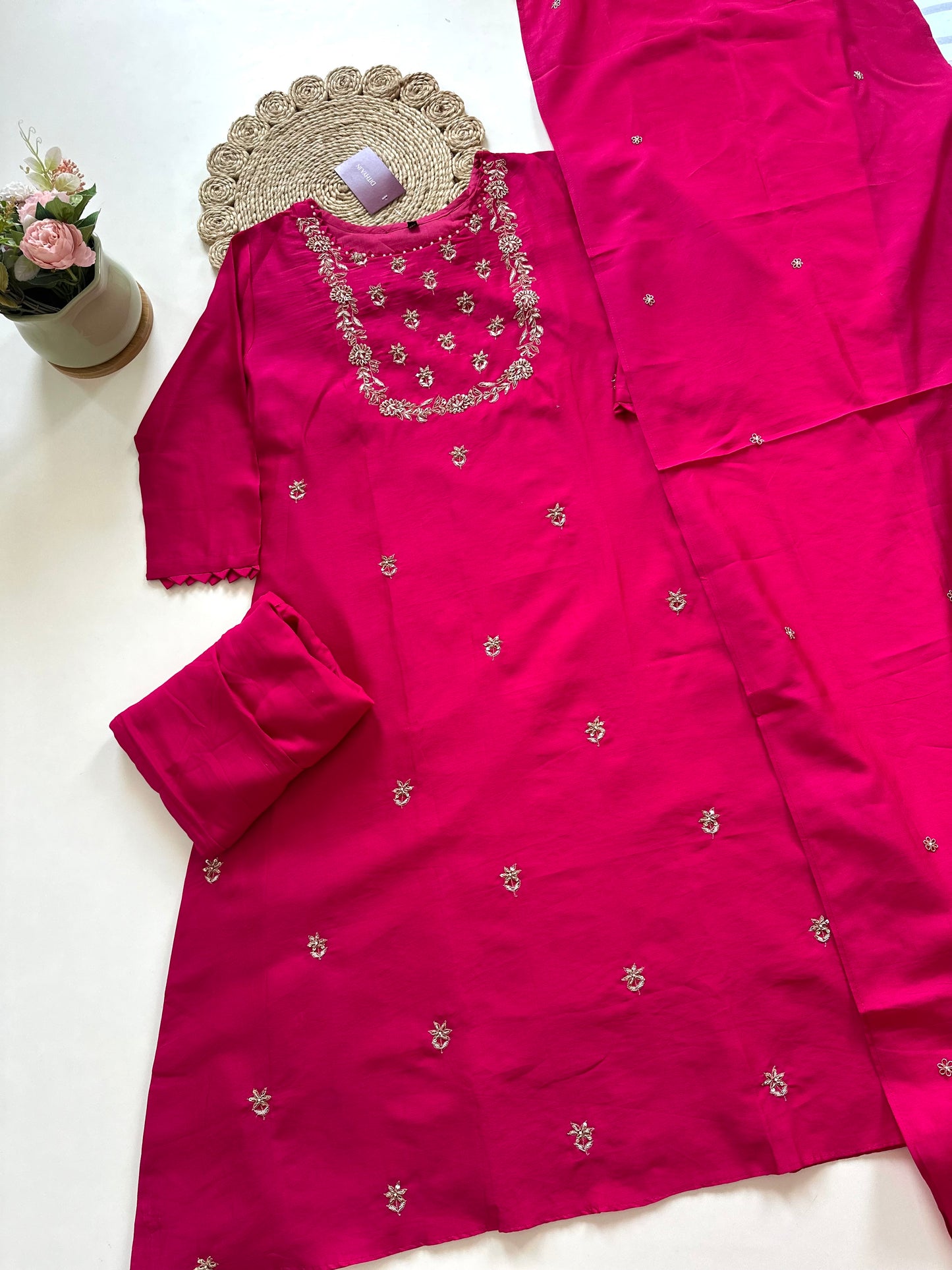 K147 - Zardosi Abuthai silk Aline kurti with pants and dupatta.