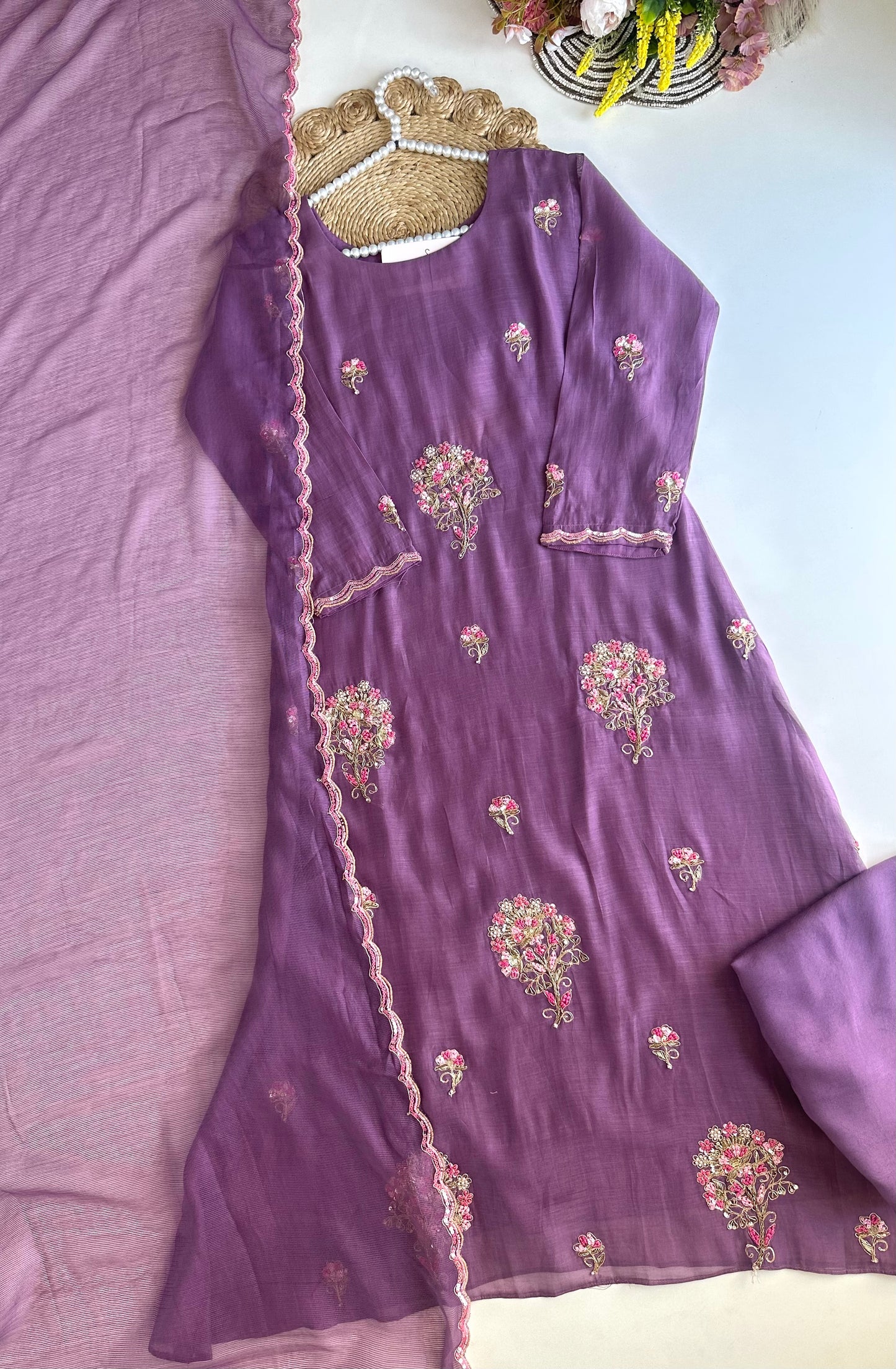 K469 - Mul chanderi handwork Aline kurti with pants and dupatta