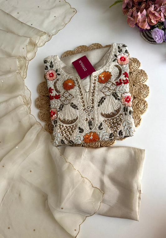 K332 - Russian silk handwork straight Kurti with pants and dupatta