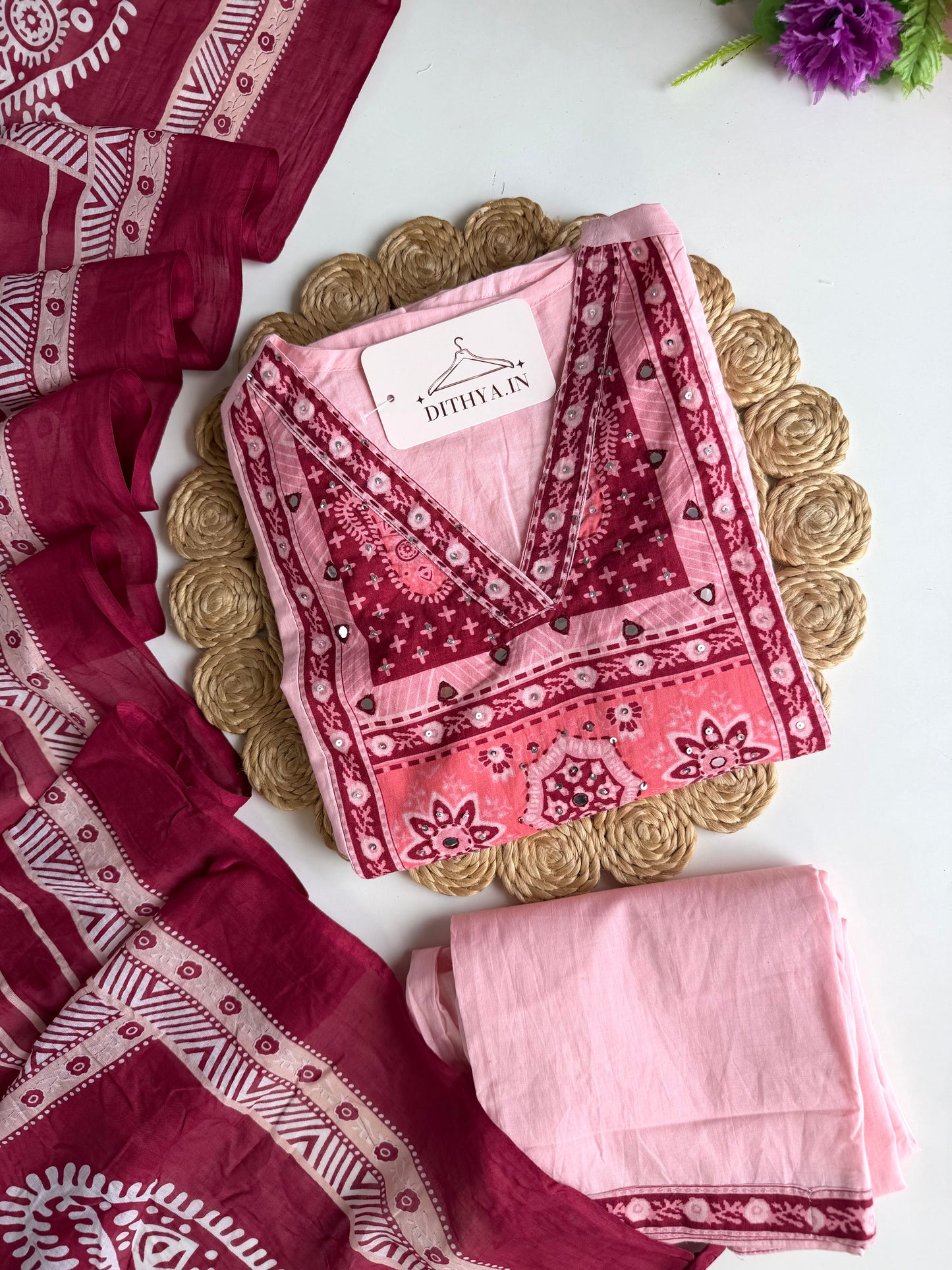 K349 - Mul cotton embroidered Anarkali with pants and dupatta