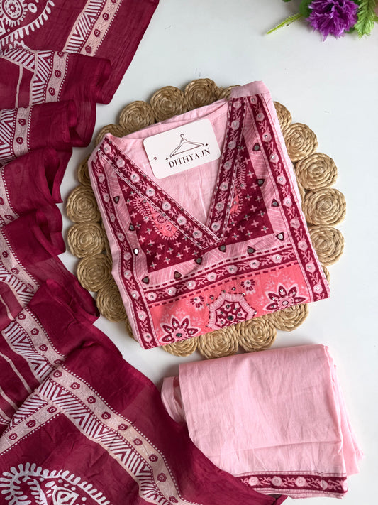 K349 - Mul cotton embroidered Anarkali with pants and dupatta