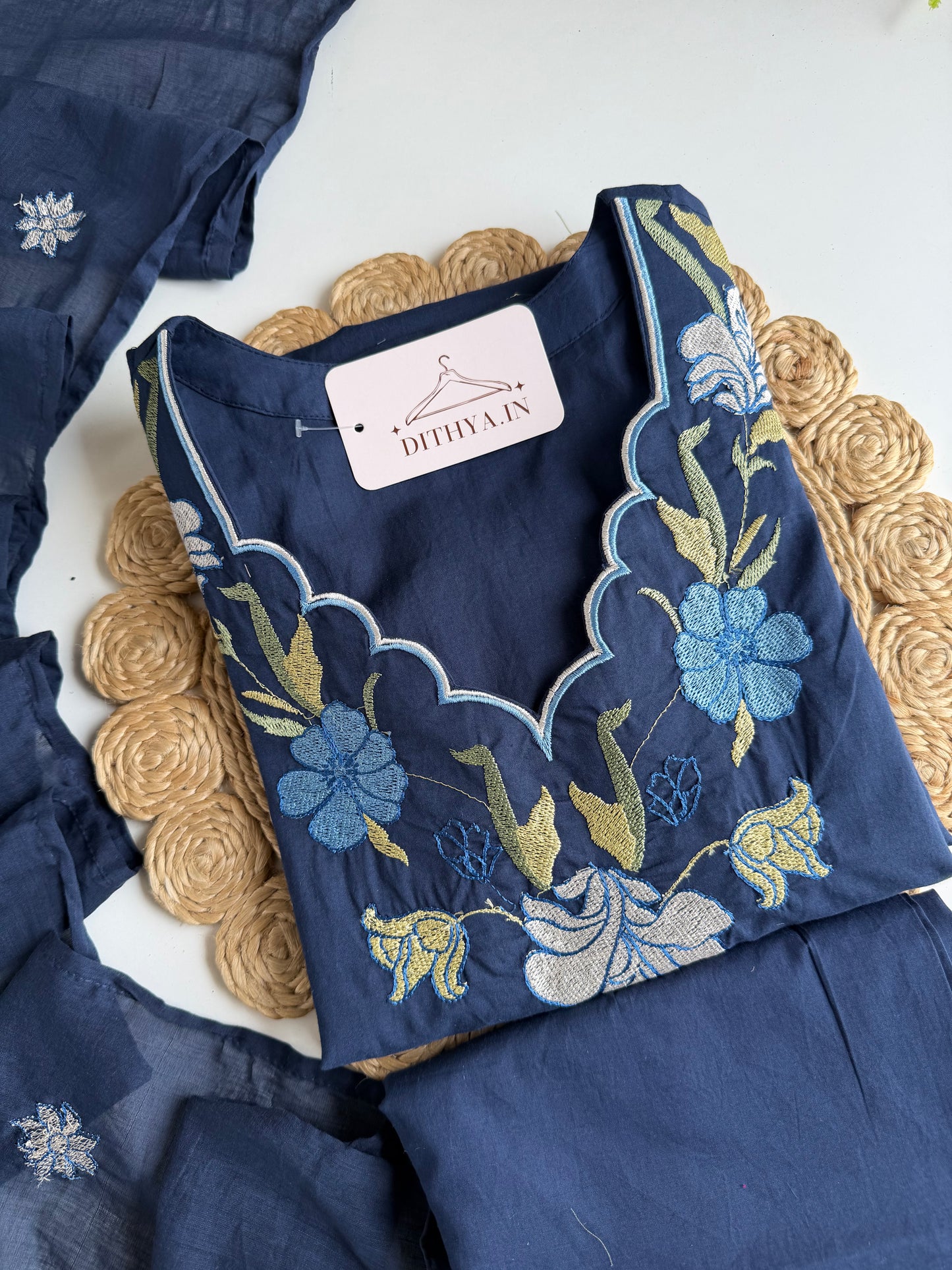 K687 - Mul cotton embroidered straight Kurti with pants and dupatta