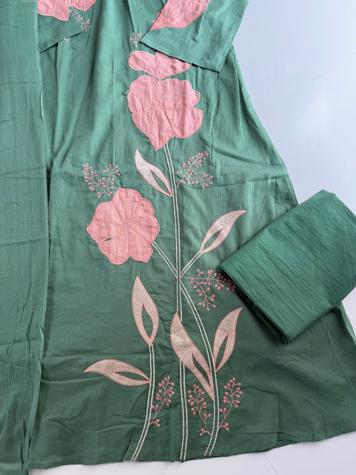 K372 - Mul cotton embroidered Aline Kurti with pants and dupatta