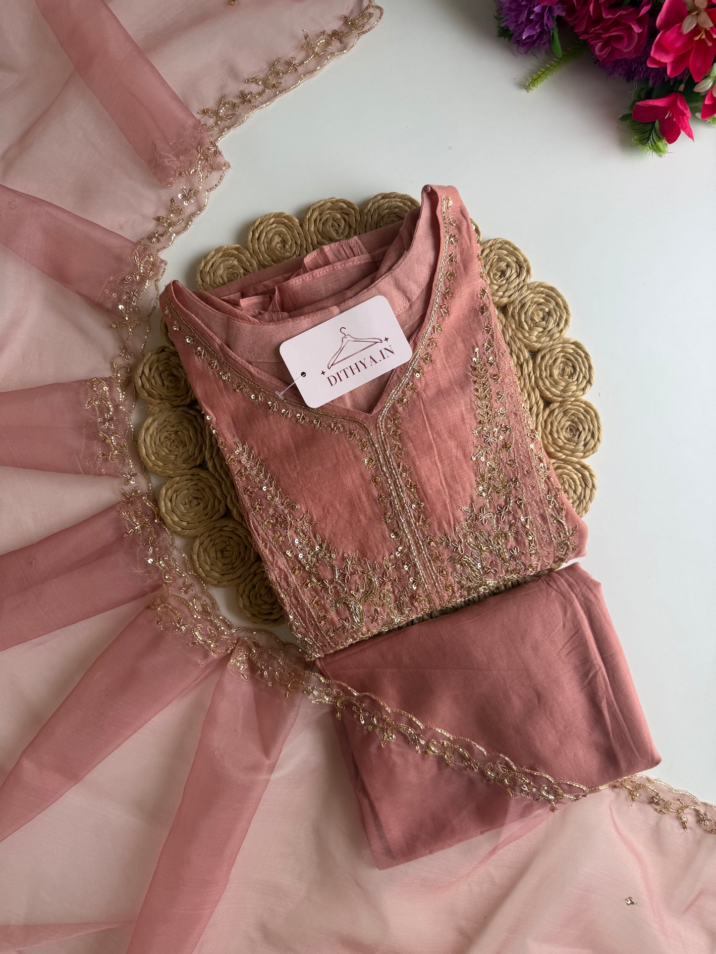 K372 - Mul chanderi handwork aline Kurti with pants and dupatta