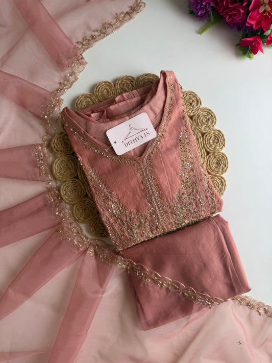 K372 - Mul chanderi handwork aline Kurti with pants and dupatta